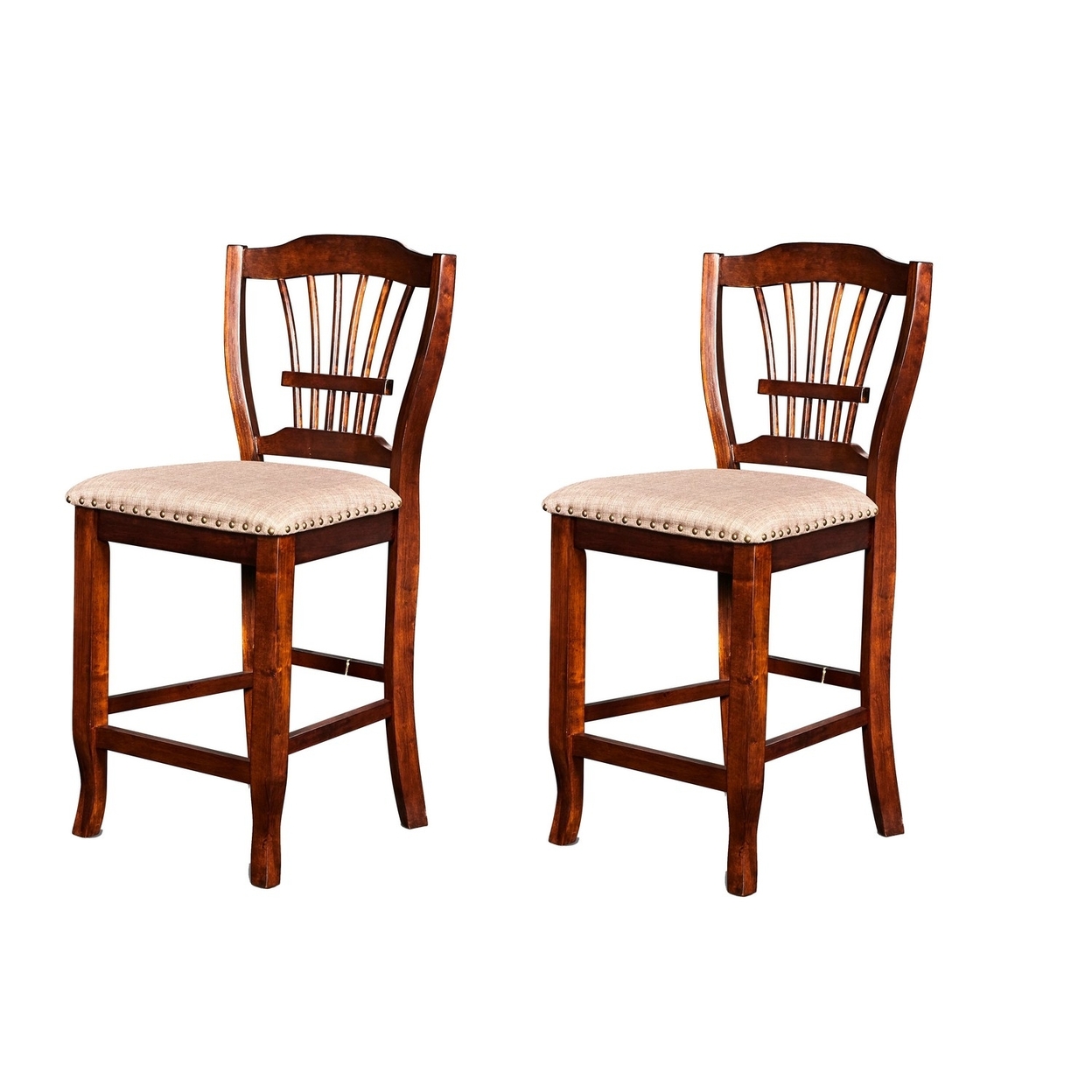 Slatted Back Wooden Counter Chair With Nailhead Trim, Set Of 2, Brown- Saltoro Sherpi