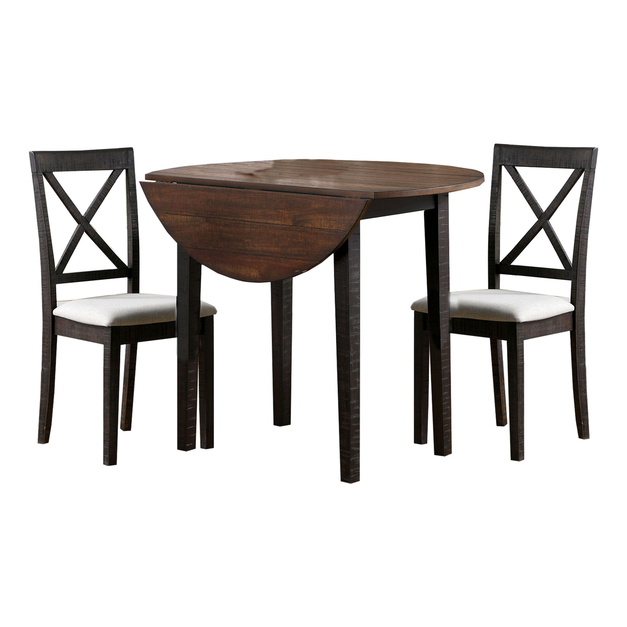 Drop Down Leaf 3 Piece Dining Table Set With X Shaped Back, Gray- Saltoro Sherpi