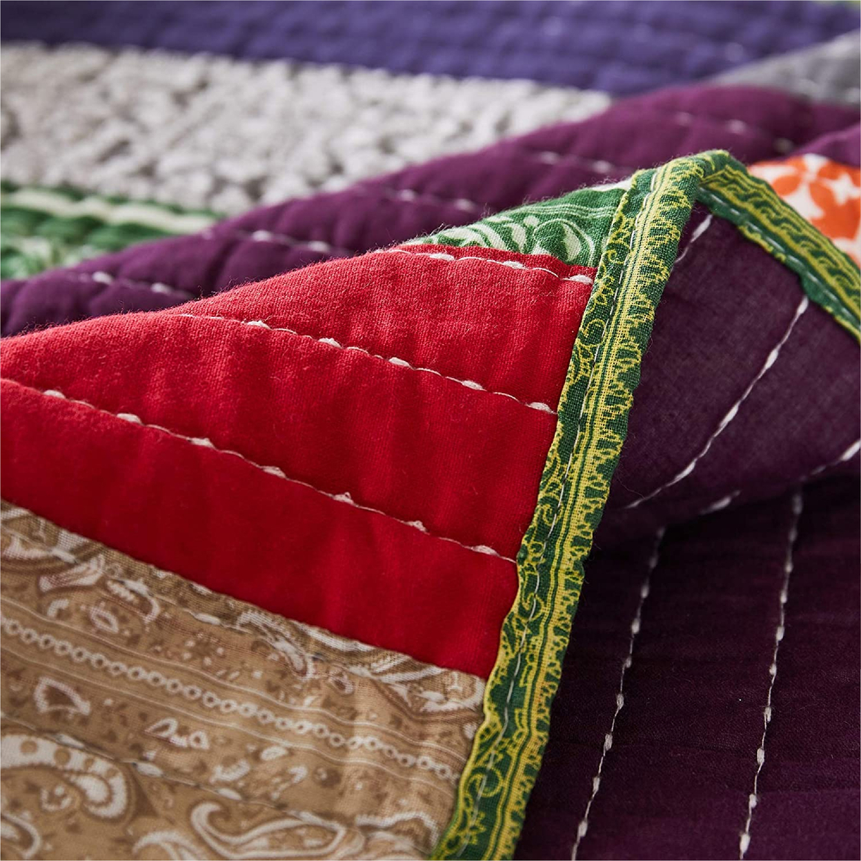 60 Inch Cotton Throw Blanket, Multi Color Stripes, Kantha Hand Quilting- Saltoro Sherpi
