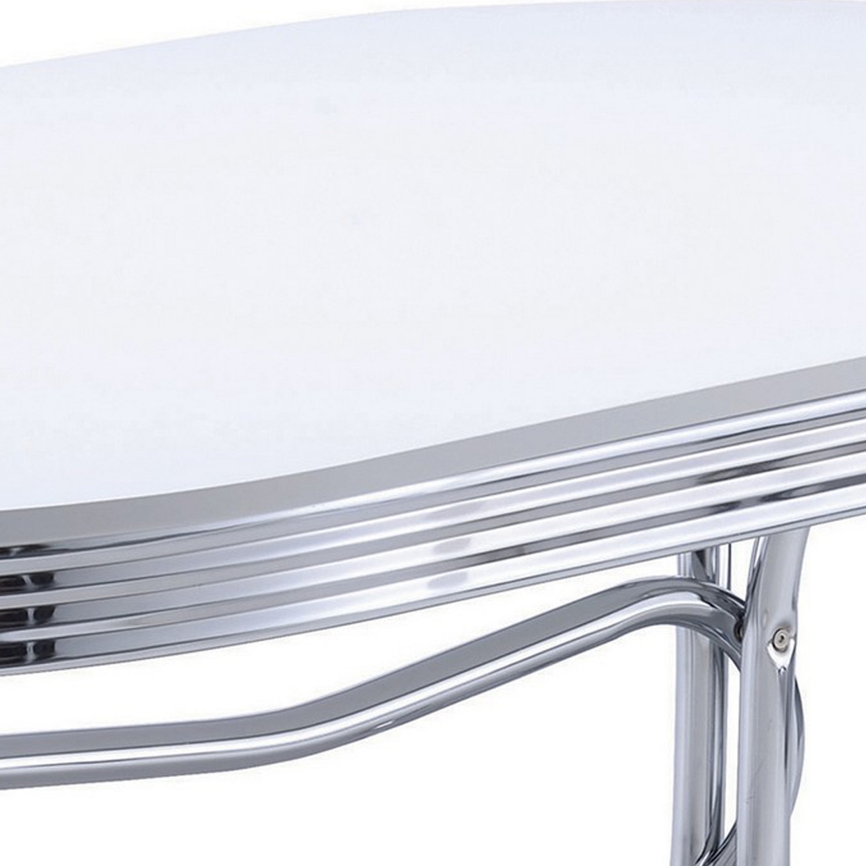 Loy 60 Inch Oval Dining Table, Glossy White Wood Top, Ribbed Chrome Apron- Saltoro Sherpi