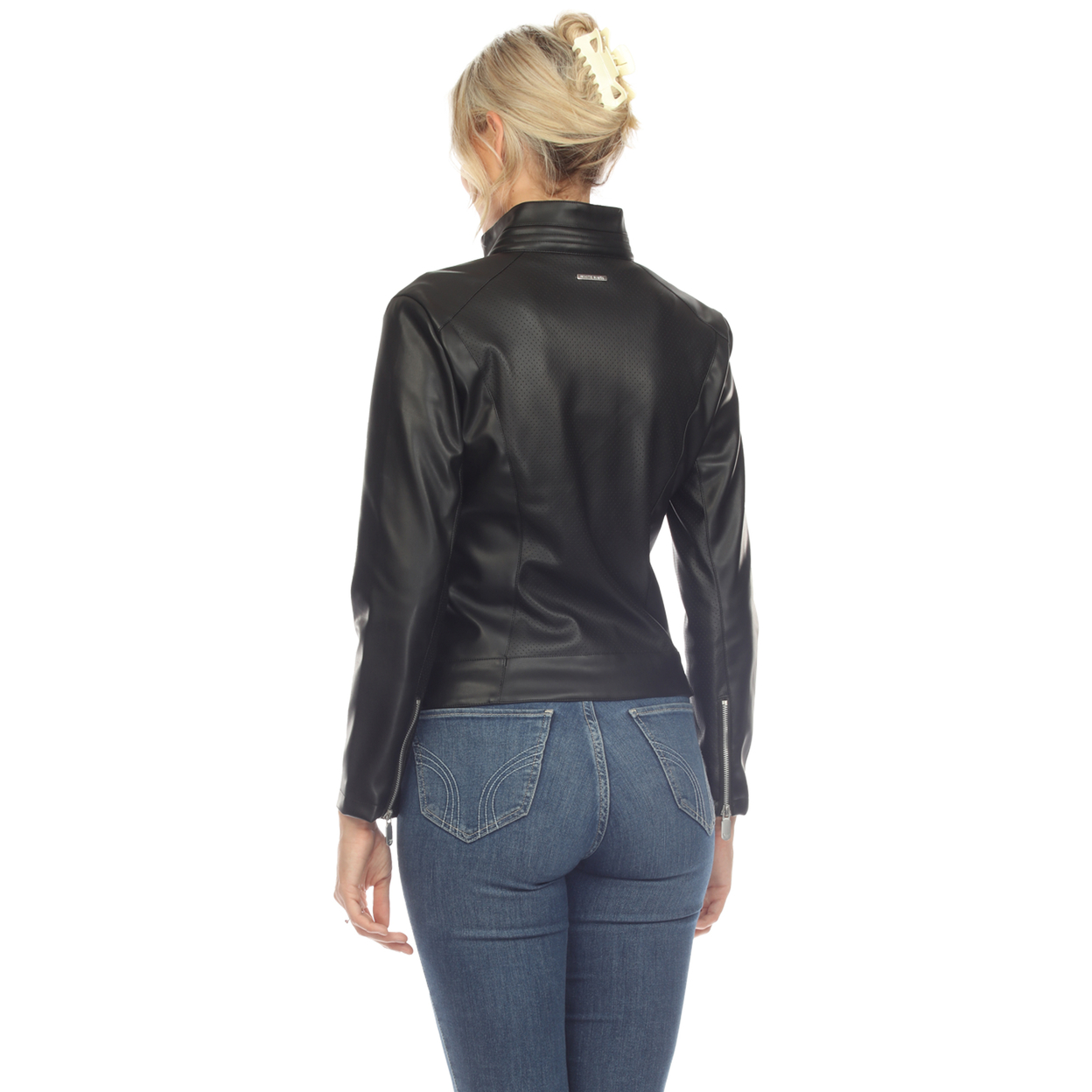 White Mark Women's Classic Biker Faux Leather Jacket - Black, Large