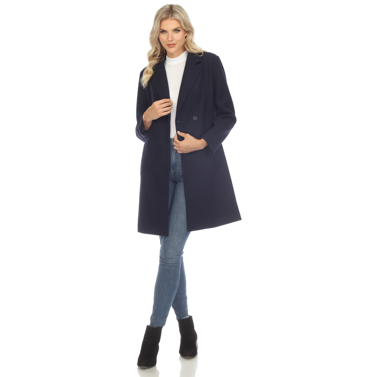 White Mark Women's Long Sleeve Classic Double-Breasted Walker Coat - Navy, Large