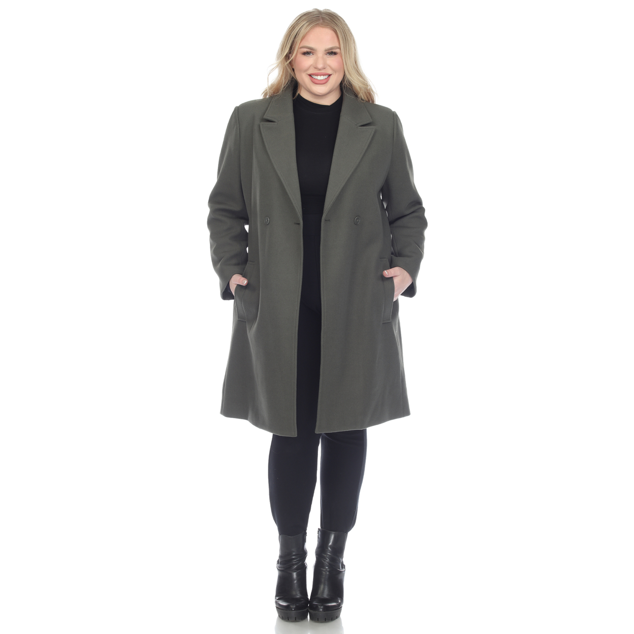 White Mark Women's Long Sleeve Classic Double-Breasted Walker Coat - Olive, 2X