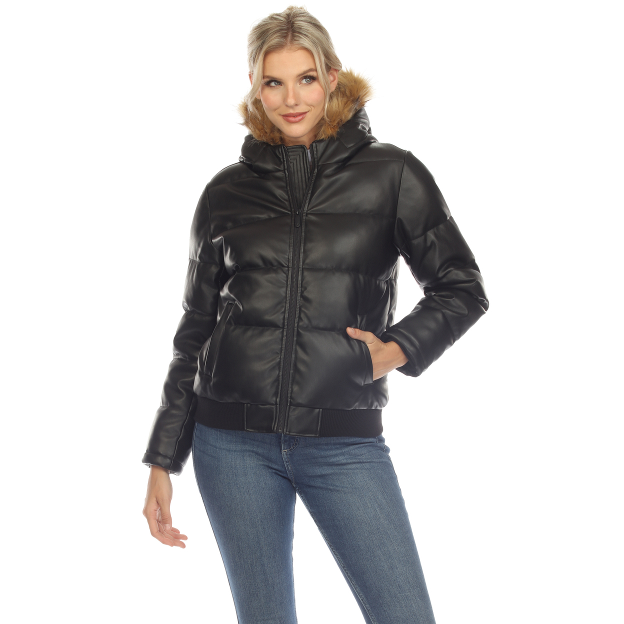 White Mark Women's Removable Fur Hoodie PU Leather Puffer Jacket - Black, Medium