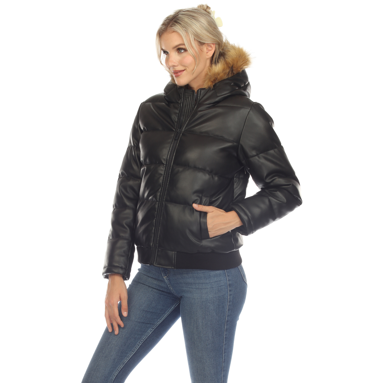 White Mark Women's Removable Fur Hoodie PU Leather Puffer Jacket - Black, 1x