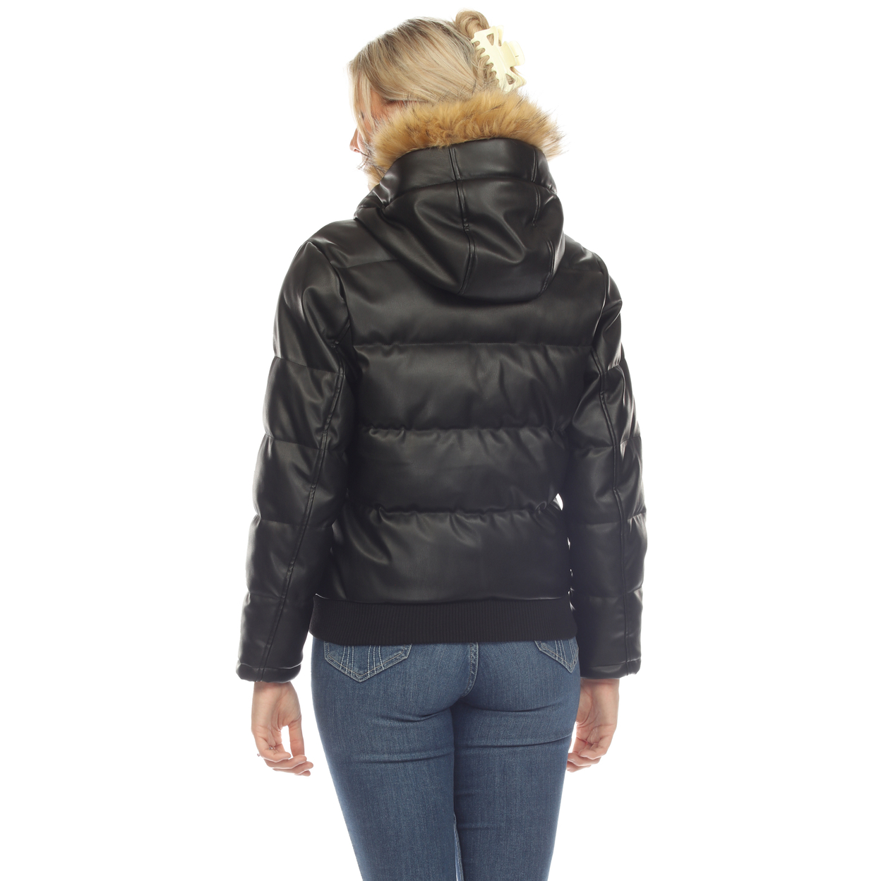 White Mark Women's Removable Fur Hoodie PU Leather Puffer Jacket - Black, Small