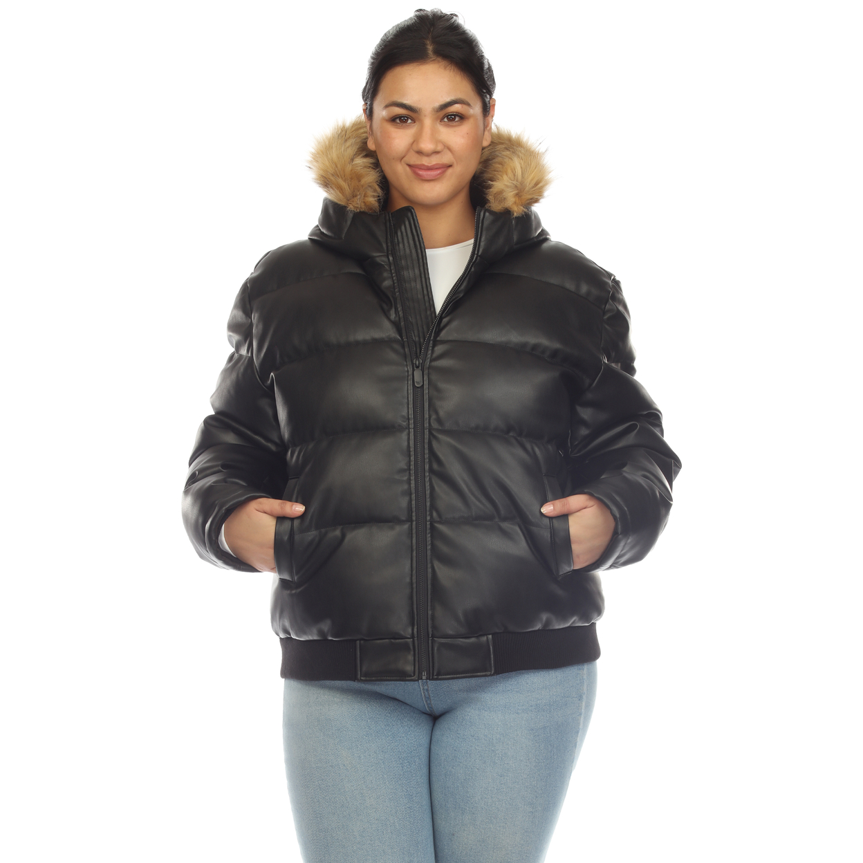 White Mark Women's Removable Fur Hoodie PU Leather Puffer Jacket - Black, 1x