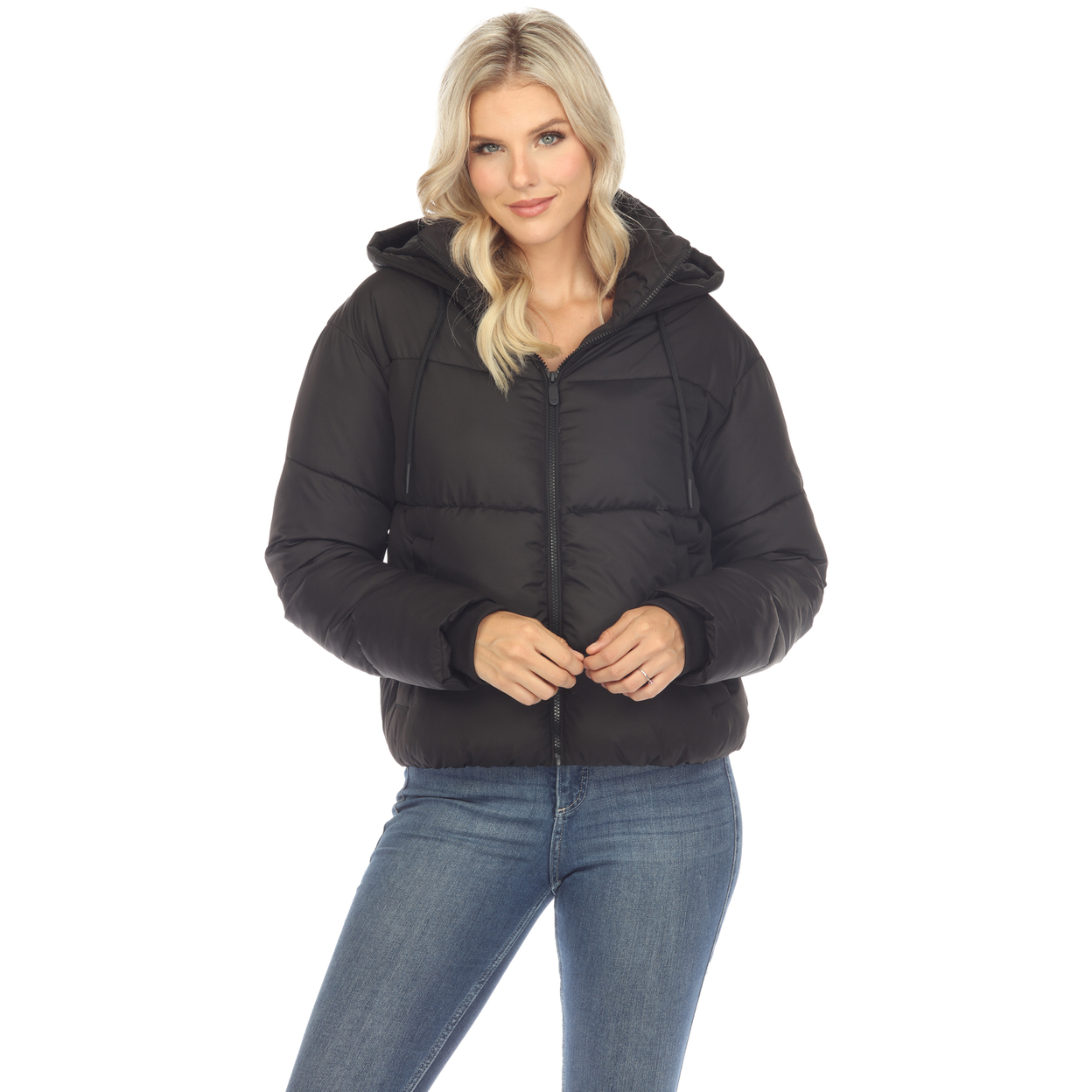 White Mark Women's Zip Hooded Puffer Jacket With Pockets - Black, X-large