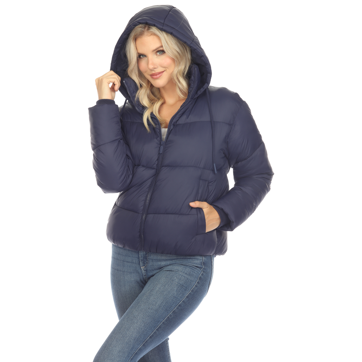 White Mark Women's Zip Hooded Puffer Jacket With Pockets - Blue, 1x
