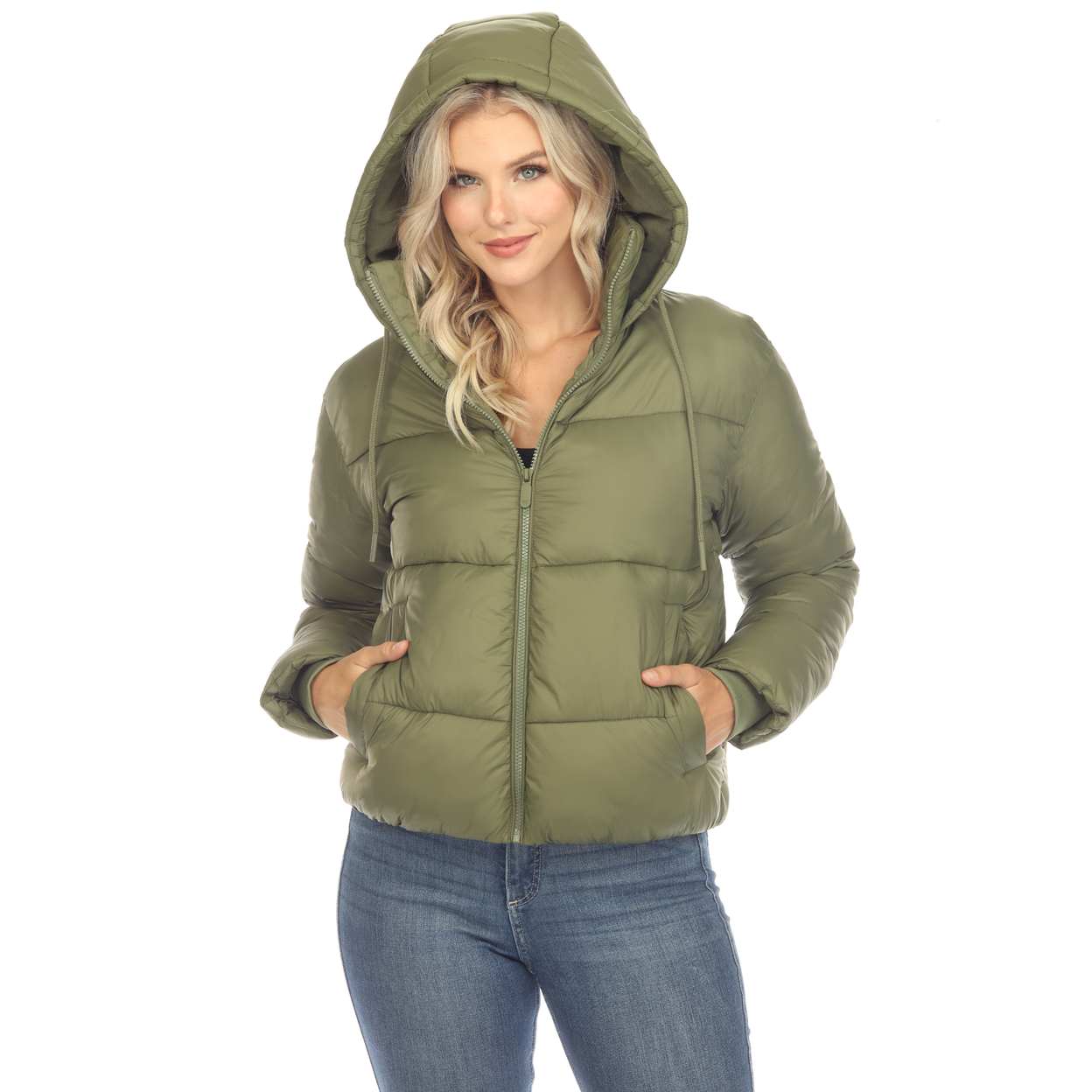 White Mark Women's Zip Hooded Puffer Jacket With Pockets - Olive, Medium