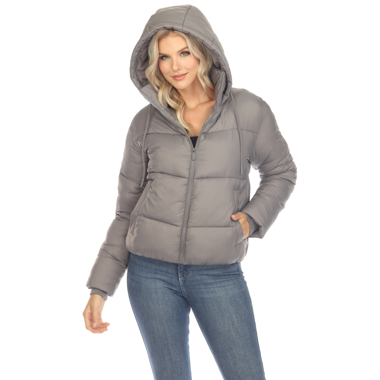 White Mark Women's Zip Hooded Puffer Jacket With Pockets - Gray, Large