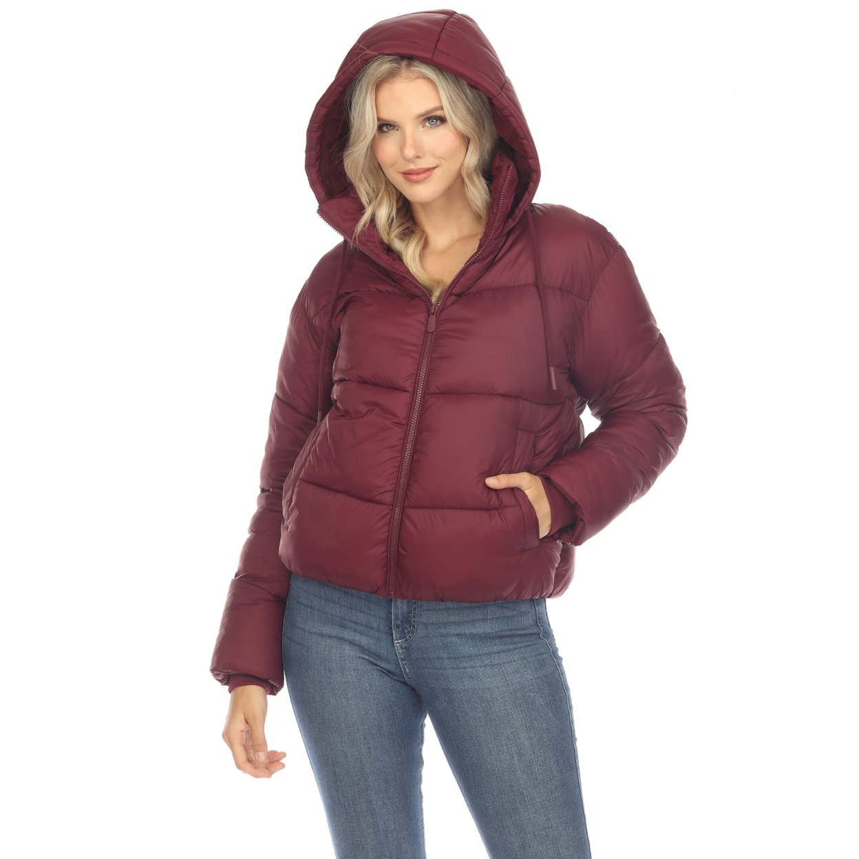 White Mark Women's Zip Hooded Puffer Jacket With Pockets - Burgundy, Small