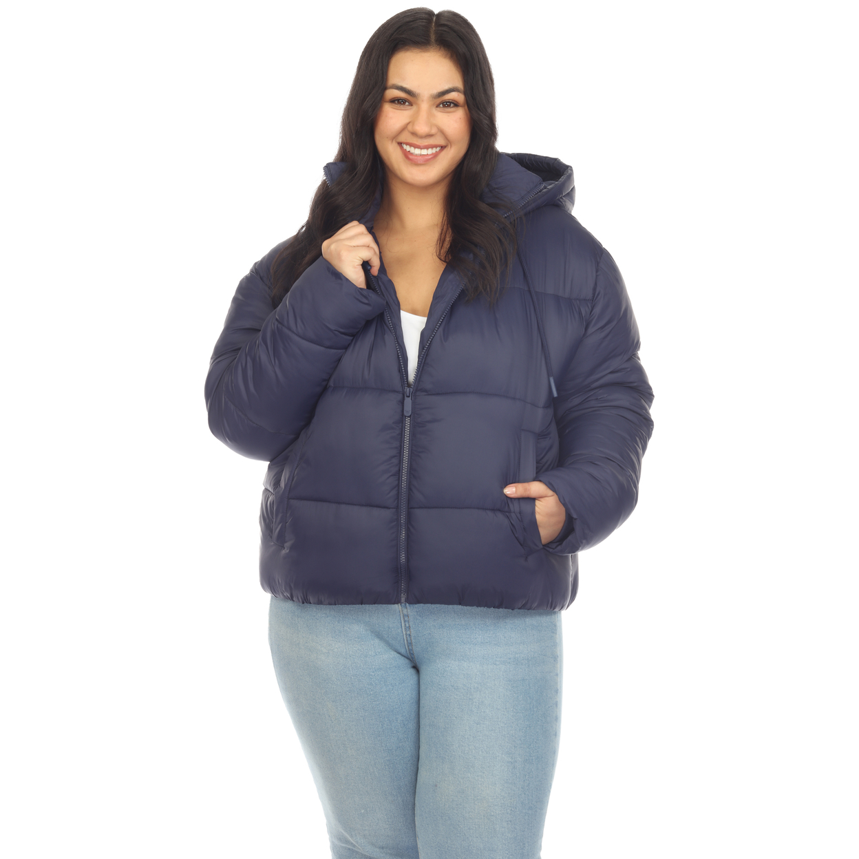 White Mark Women's Zip Hooded Puffer Jacket With Pockets - Blue, 1x