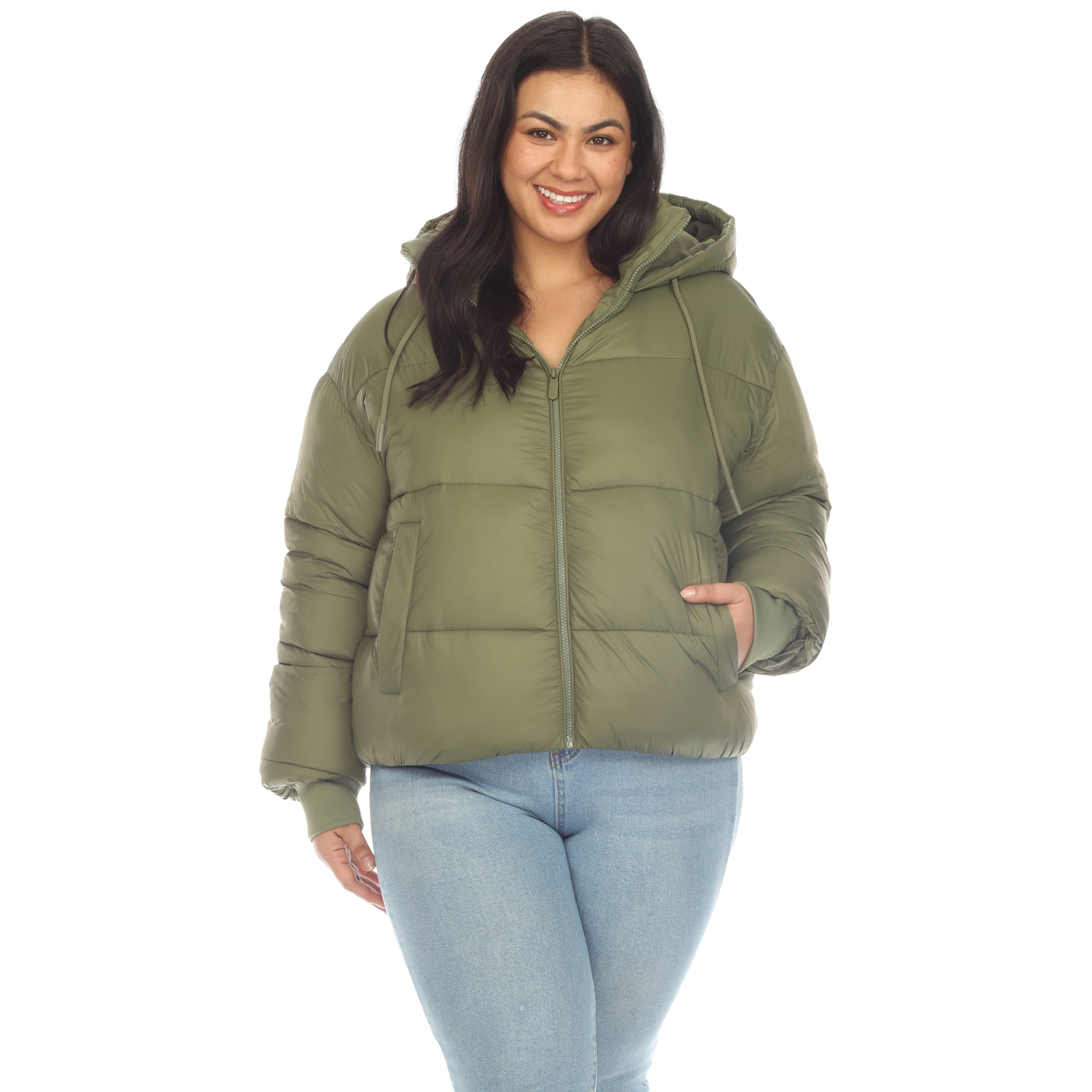 White Mark Women's Zip Hooded Puffer Jacket With Pockets - Olive, 1x