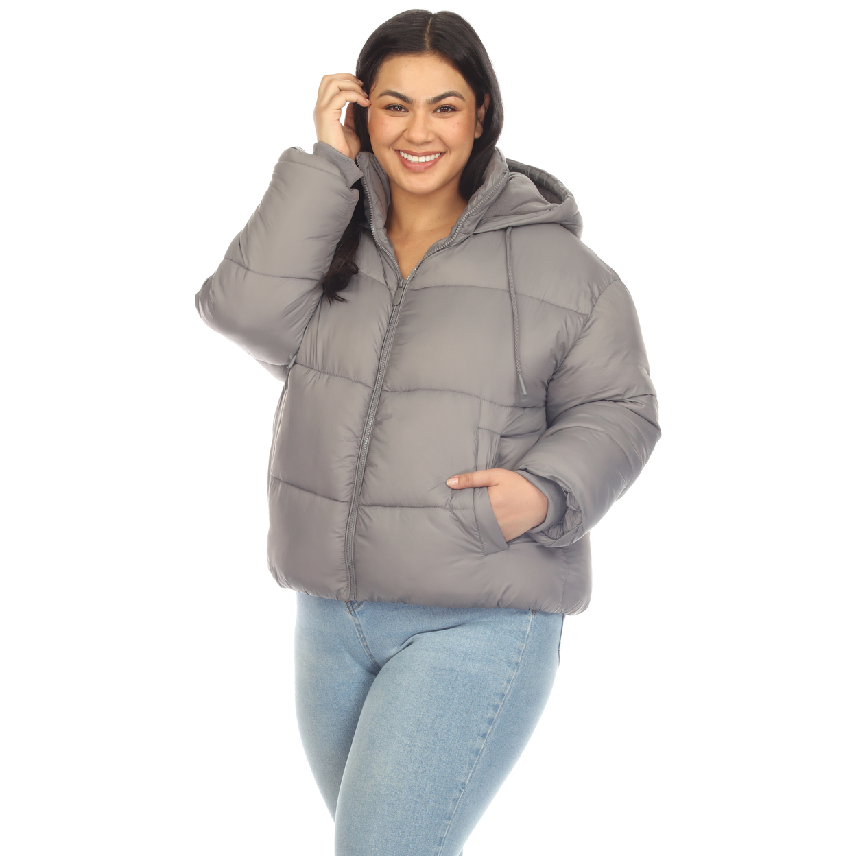 White Mark Women's Zip Hooded Puffer Jacket With Pockets - Gray, 1x