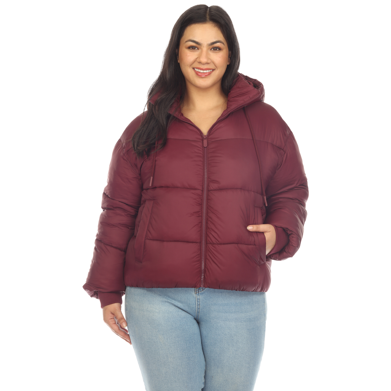 White Mark Women's Zip Hooded Puffer Jacket With Pockets - Burgundy, 2x