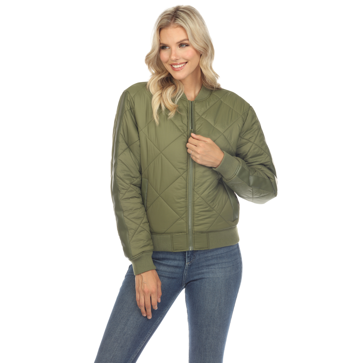 White Mark Women's Quilted Puffer Bomber Jacket - Olive, Small