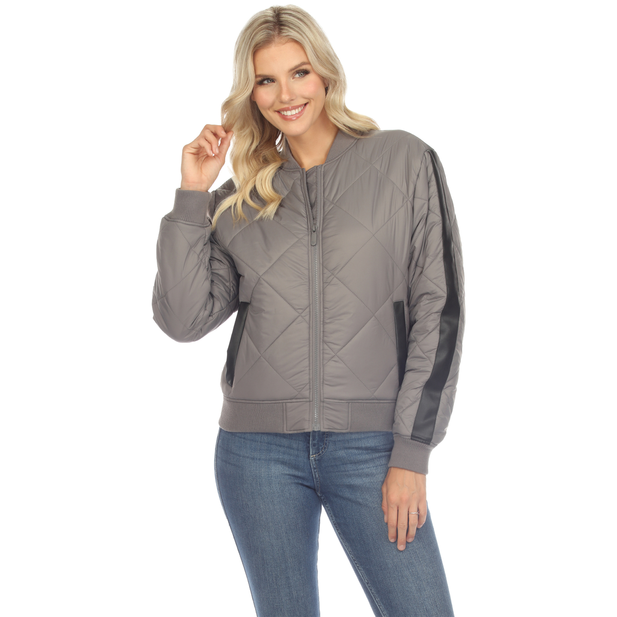 White Mark Women's Quilted Puffer Bomber Jacket - Gray, Large