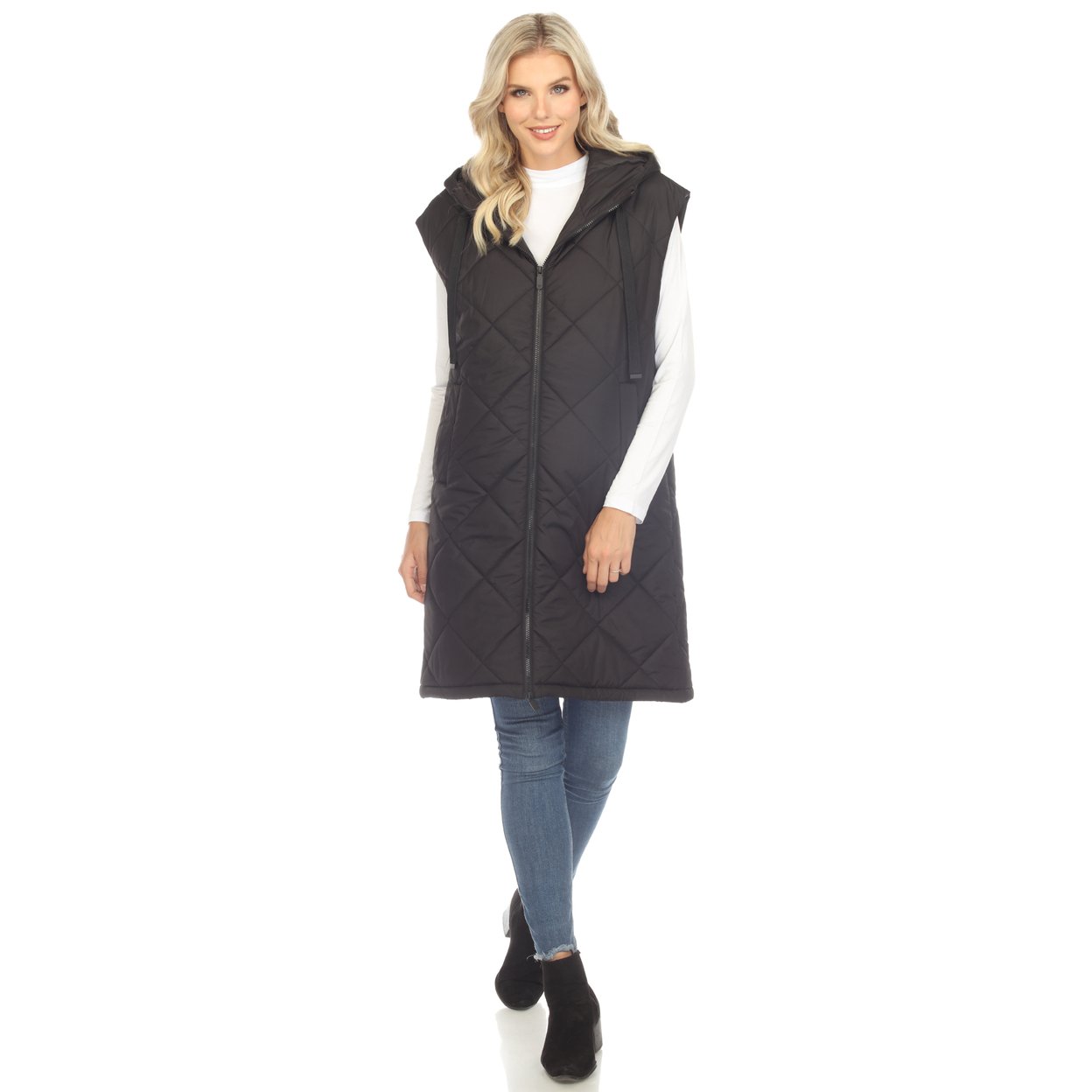 White Mark Women's Long Length Hooded Puffer Coat Vest - Black, Medium