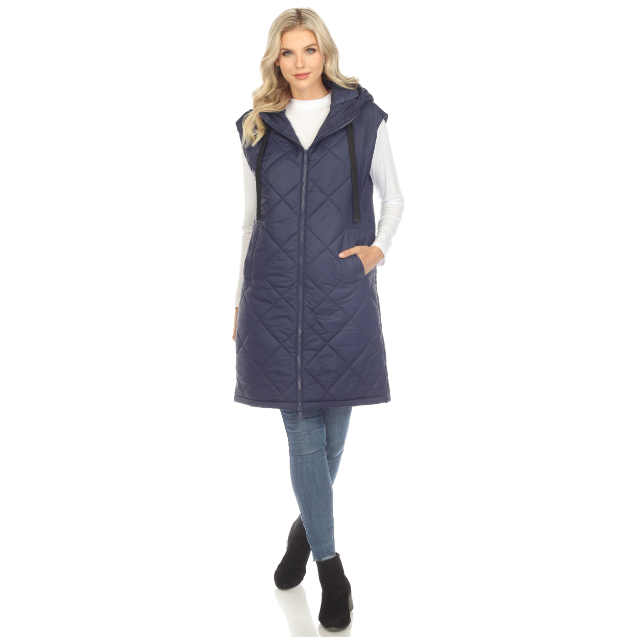 White Mark Women's Long Length Hooded Puffer Coat Vest - Blue, 1x