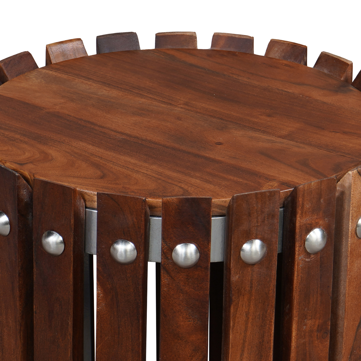 Myla 15 Inch Handcrafted Round Side End Table With Vertical Planks, Iron Rivets, Dark Walnut Brown Acacia Wood- Saltoro Sherpi
