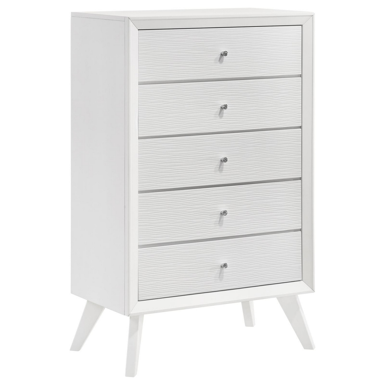 Zoe 48 Inch Tall Chest, 5 Drawers With Crystal Knobs, Wavy Design, White- Saltoro Sherpi