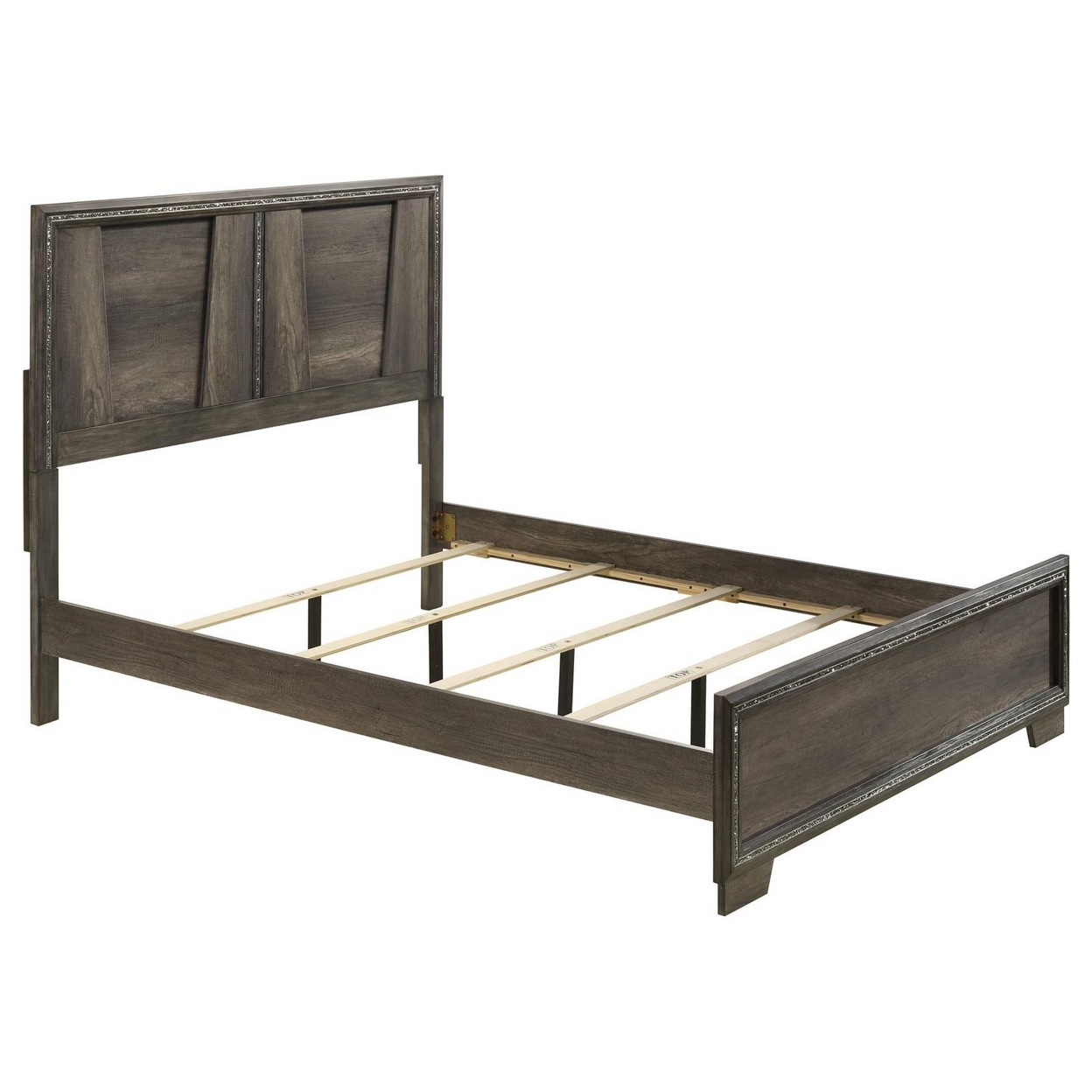 Janie Queen Size Bed With Glittering Strips, V Shaped Panel, Pine, Gray Oak- Saltoro Sherpi