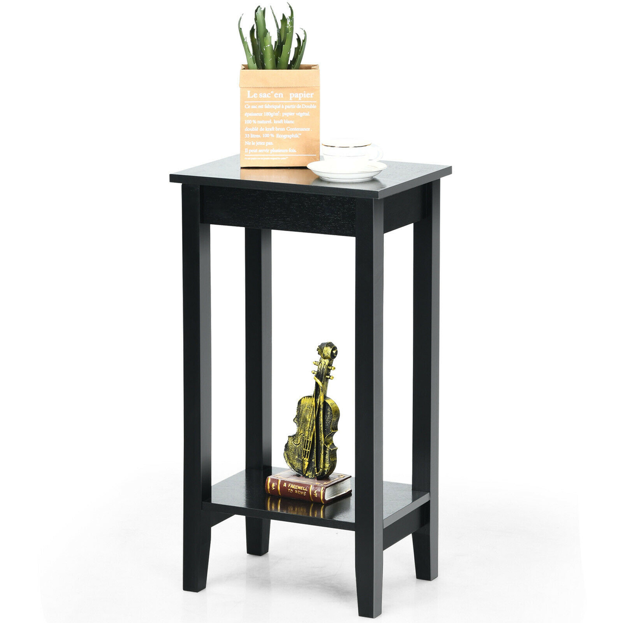 2-Tier Nightstand End Side Table Coffee Table Wooden Legs Bedroom - Black, 1 Pc