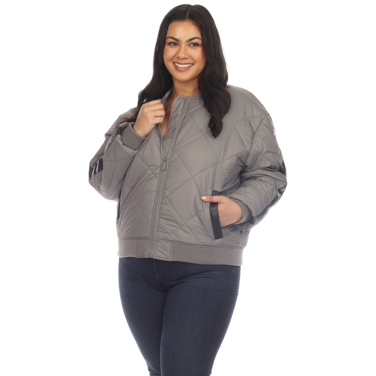 White Mark Women's Quilted Puffer Bomber Jacket - Gray, 3x