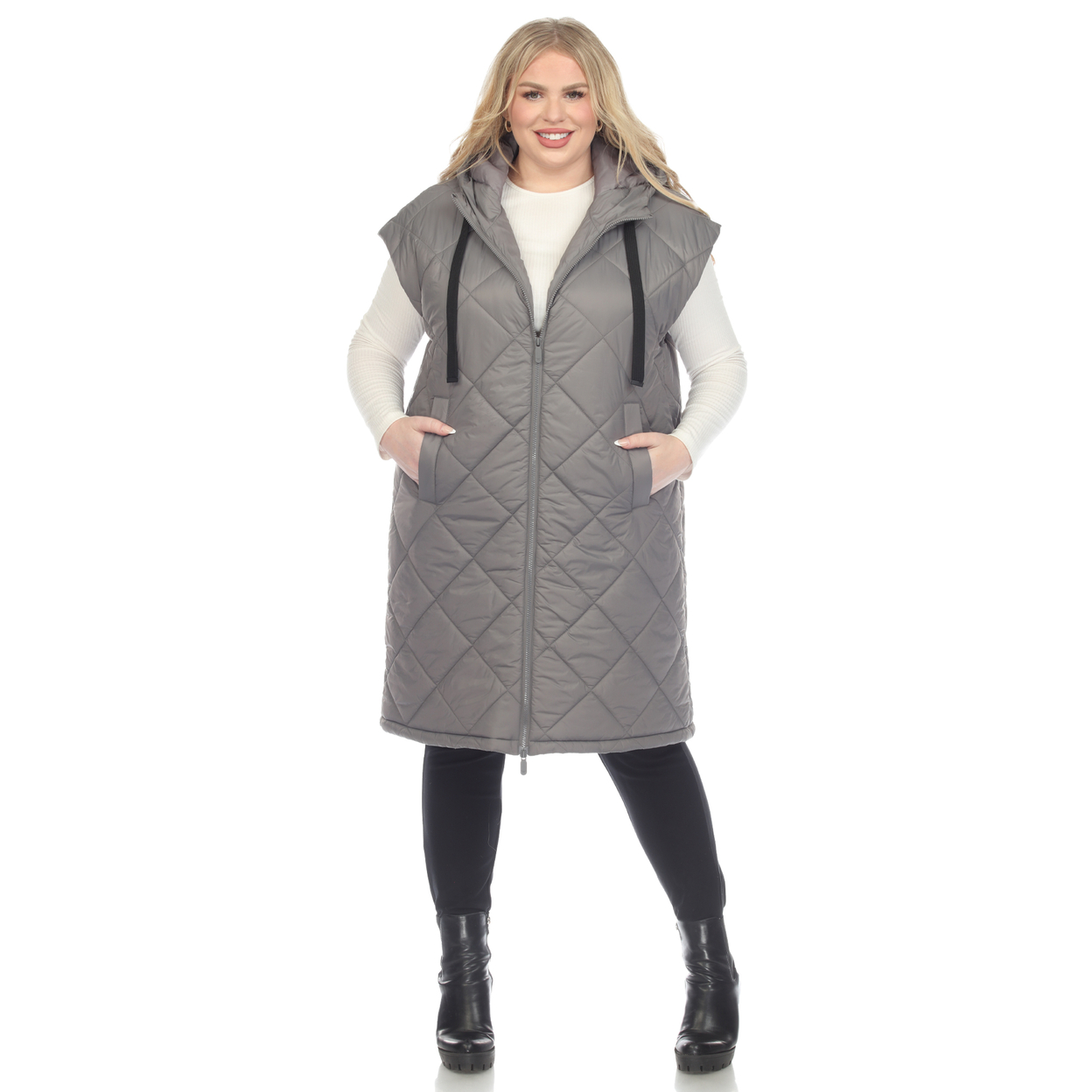 White Mark Women's Long Length Hooded Puffer Coat Vest - Gray, 2x