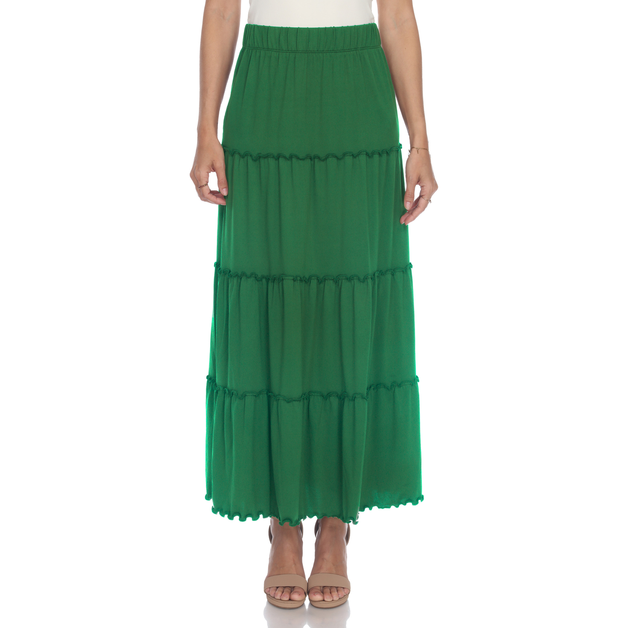 White Mark Women's Tiered Maxi Skirt With Pockets - Green, Medium