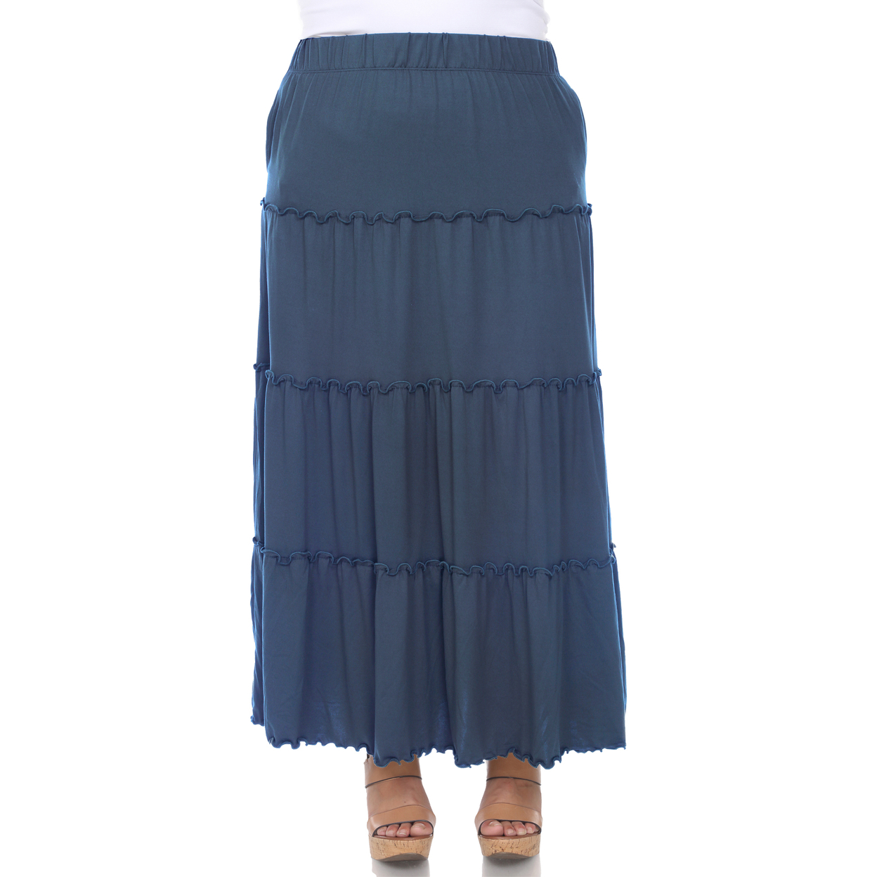 White Mark Women's Plus Size Tiered Maxi Skirt With Pockets - Denim Blue, 3x