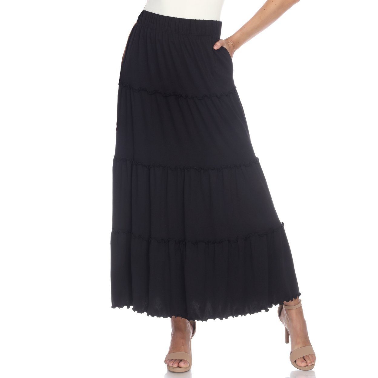 White Mark Women's Tiered Maxi Skirt With Pockets - Black, X-large