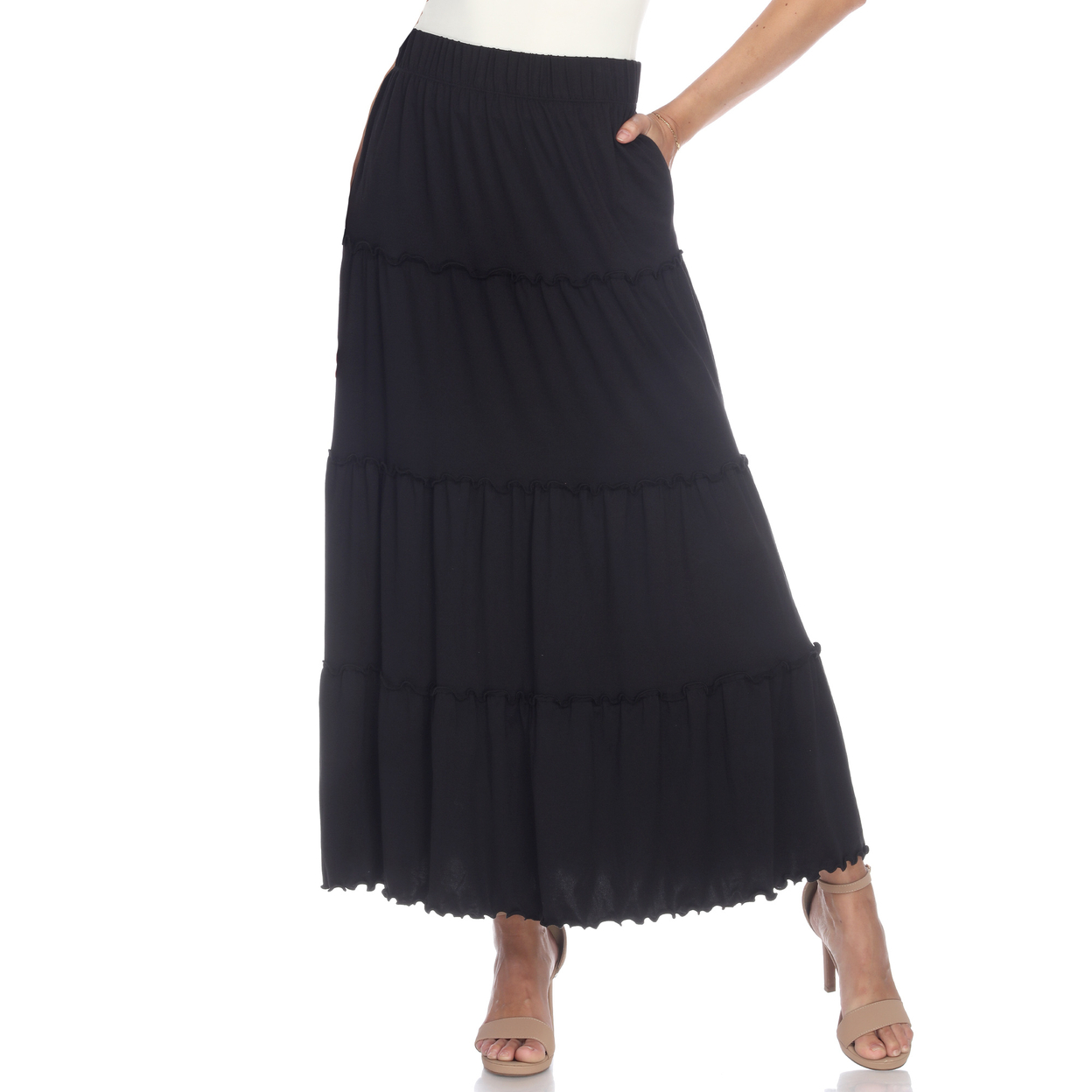 White Mark Women's Tiered Maxi Skirt With Pockets - Black, Small