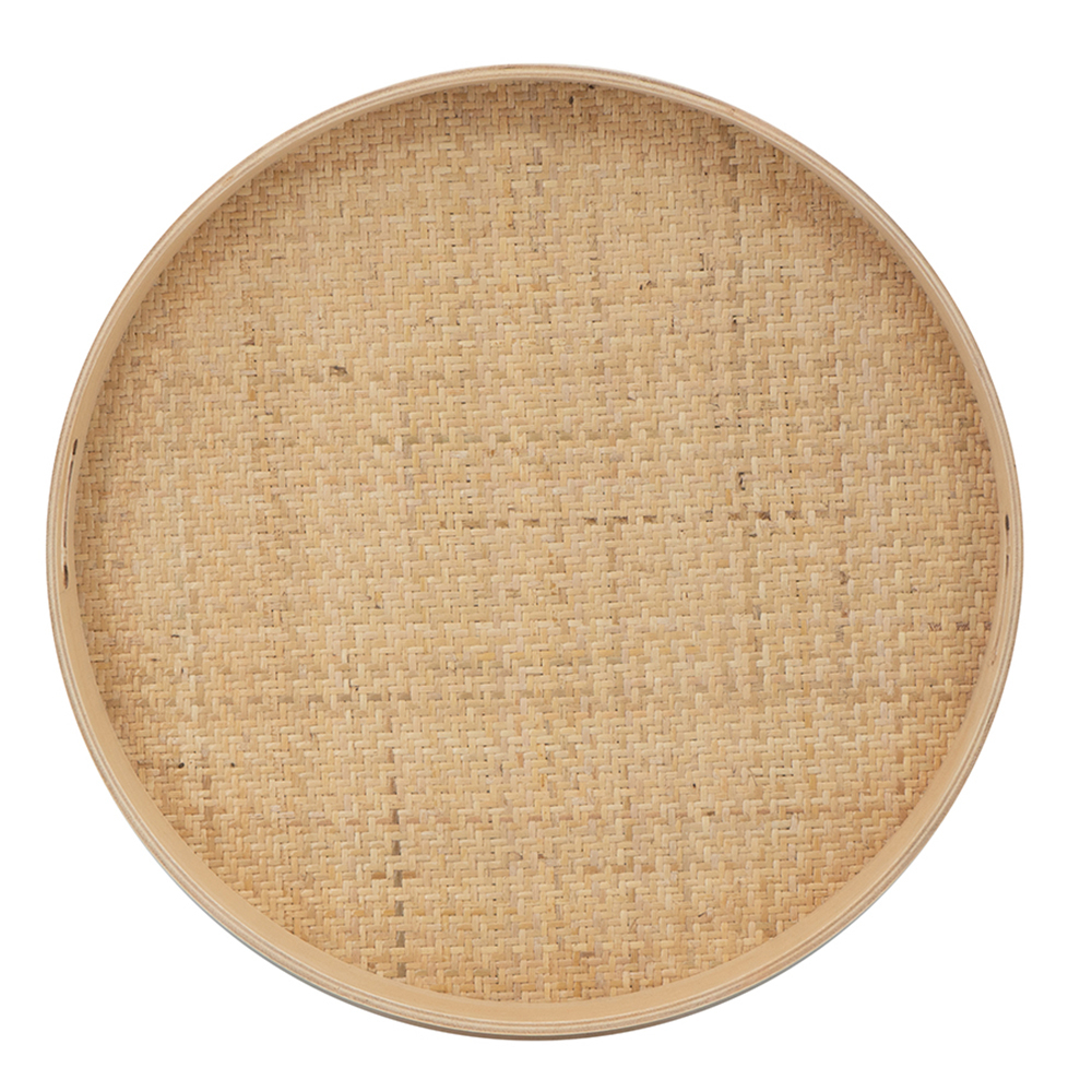 Zam 20 Inch Wood Round Decorative Tray, Rattan Bottom, Natural Brown- Saltoro Sherpi