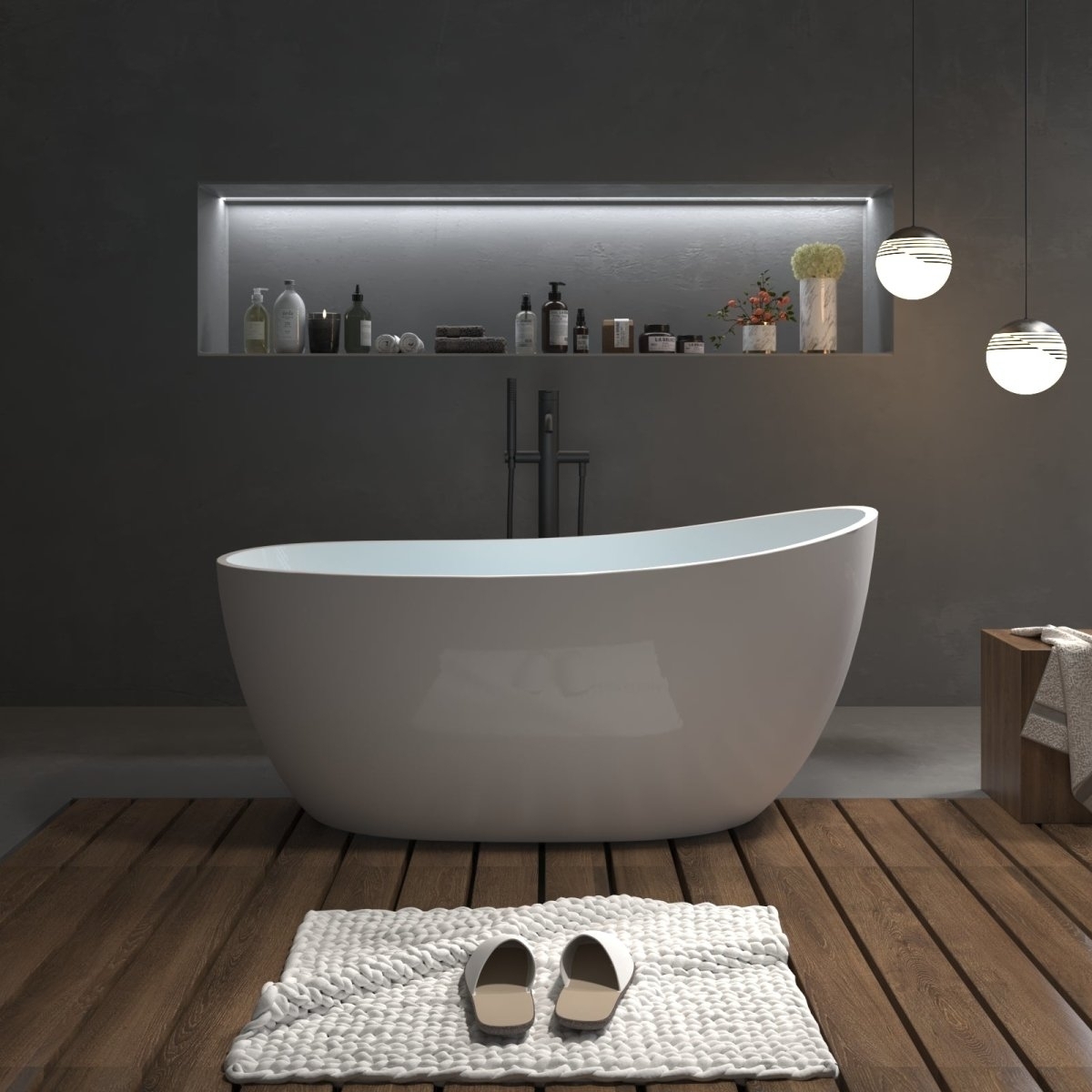 ExBrite 59 Bathtub Acrylic Free Standing Tub Oval Shape Soaking Tub, Adjustable Freestanding Gloss White