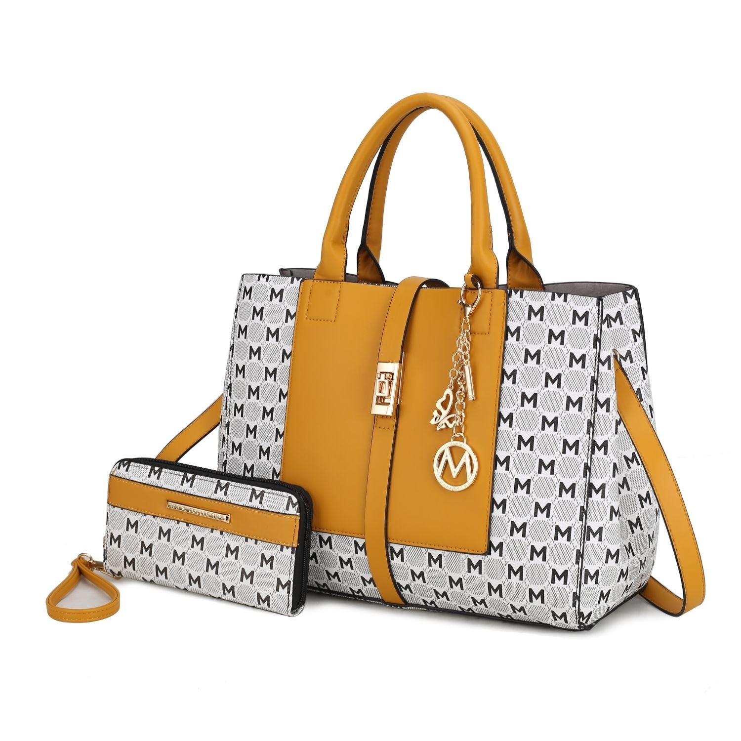 MKF Collection Yuliana Circular M Emblem Print Satchel Handbag With Wallet By Mia K - 2 Pieces - Mustard