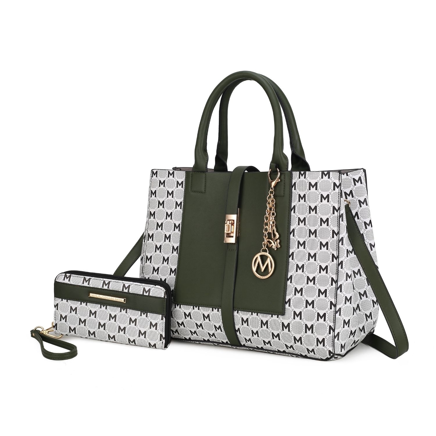 MKF Collection Yuliana Circular M Emblem Print Satchel Handbag With Wallet By Mia K - 2 Pieces - Olive