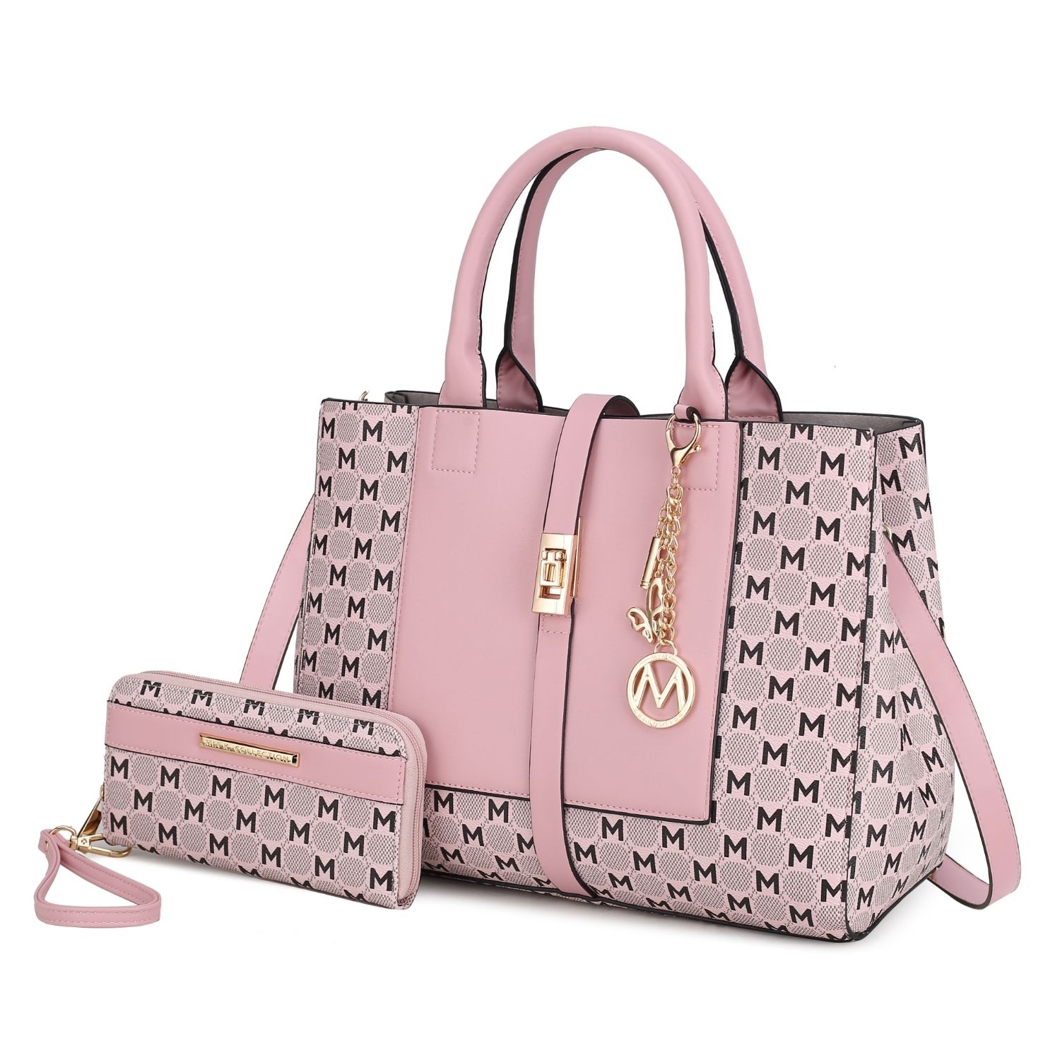 MKF Collection Yuliana Circular M Emblem Print Satchel Handbag With Wallet By Mia K - 2 Pieces - Pink