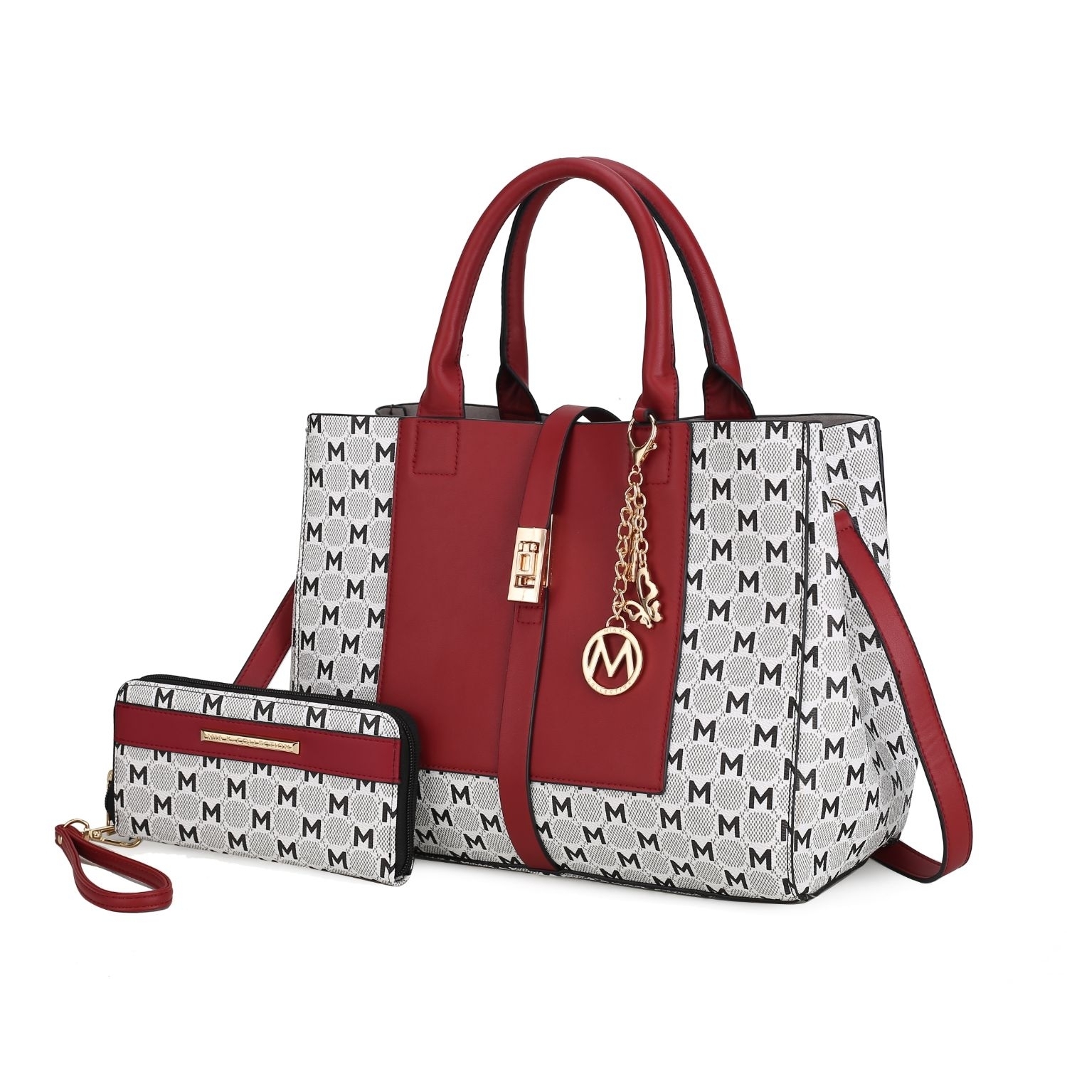 MKF Collection Yuliana Circular M Emblem Print Satchel Handbag With Wallet By Mia K - 2 Pieces - Red