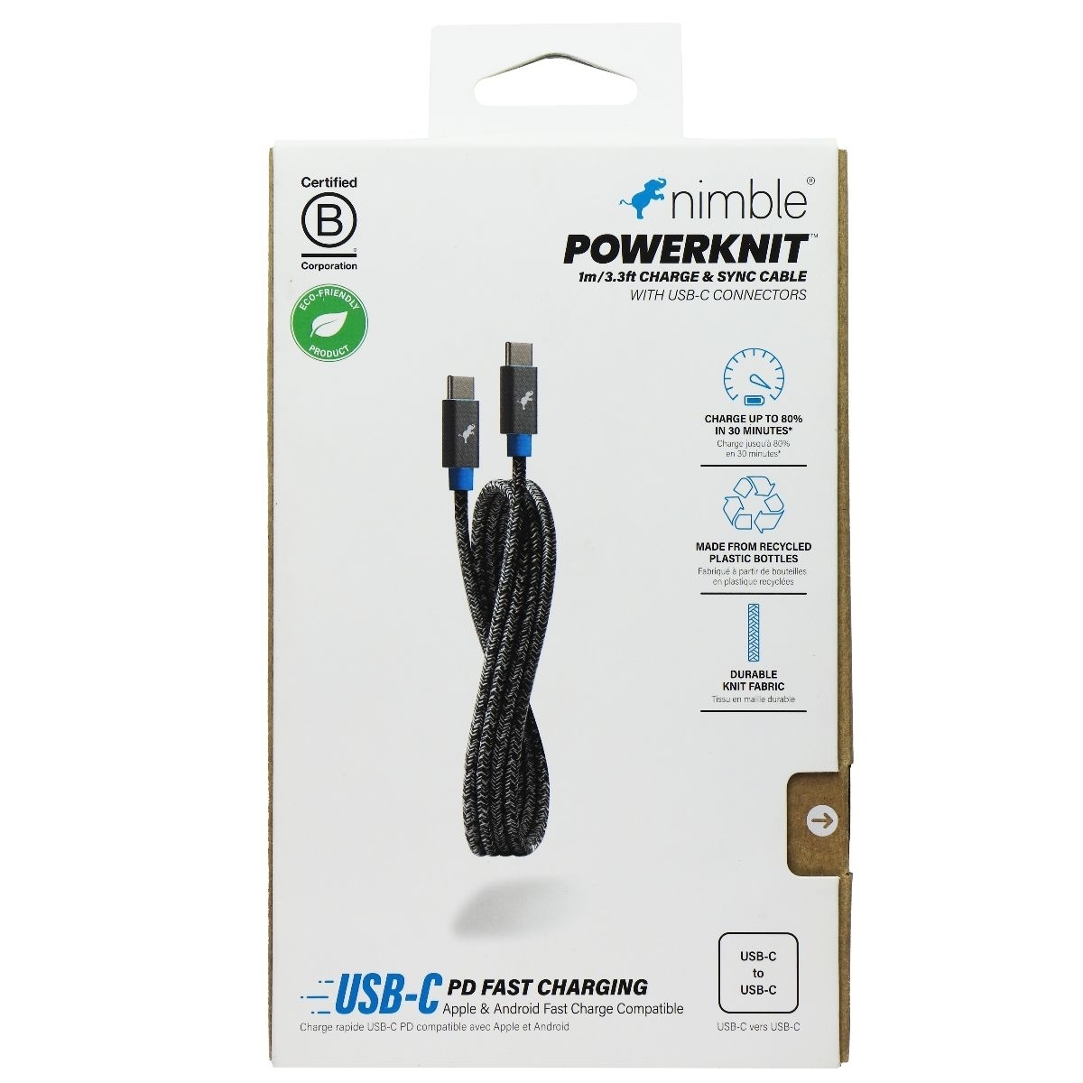 Nimble PowerKnit (3.3-Ft) USB-C To USB-C Braided Cable For IOS/Android Gray/Blue (Refurbished)