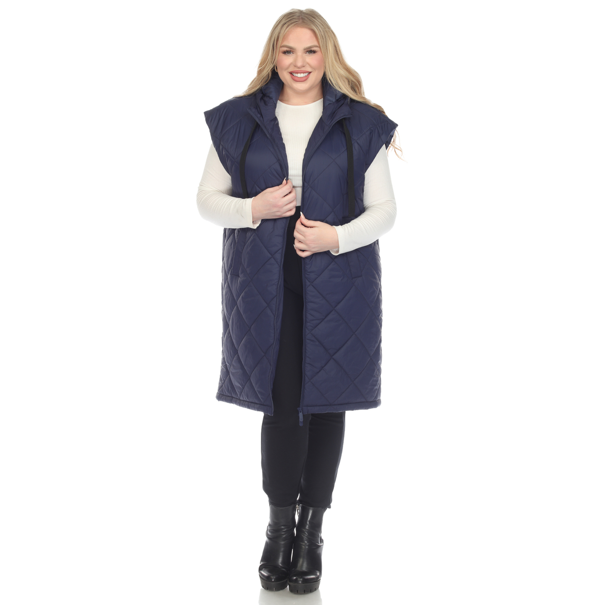 White Mark Women's Long Length Hooded Puffer Coat Vest - Blue, 3x