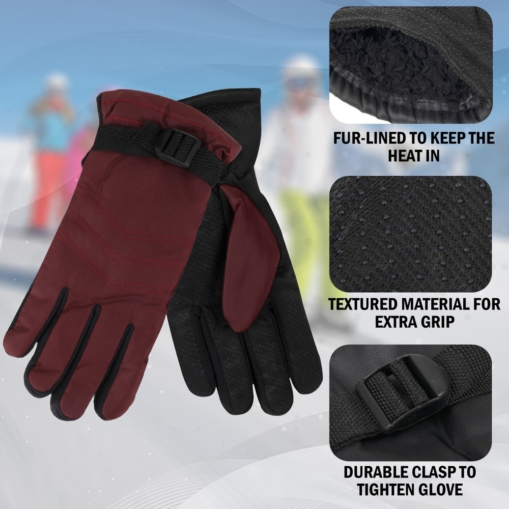 3-Pairs: Women's Cozy Fur Lined Snow Ski Warm Winter Gloves - Black,red,grey