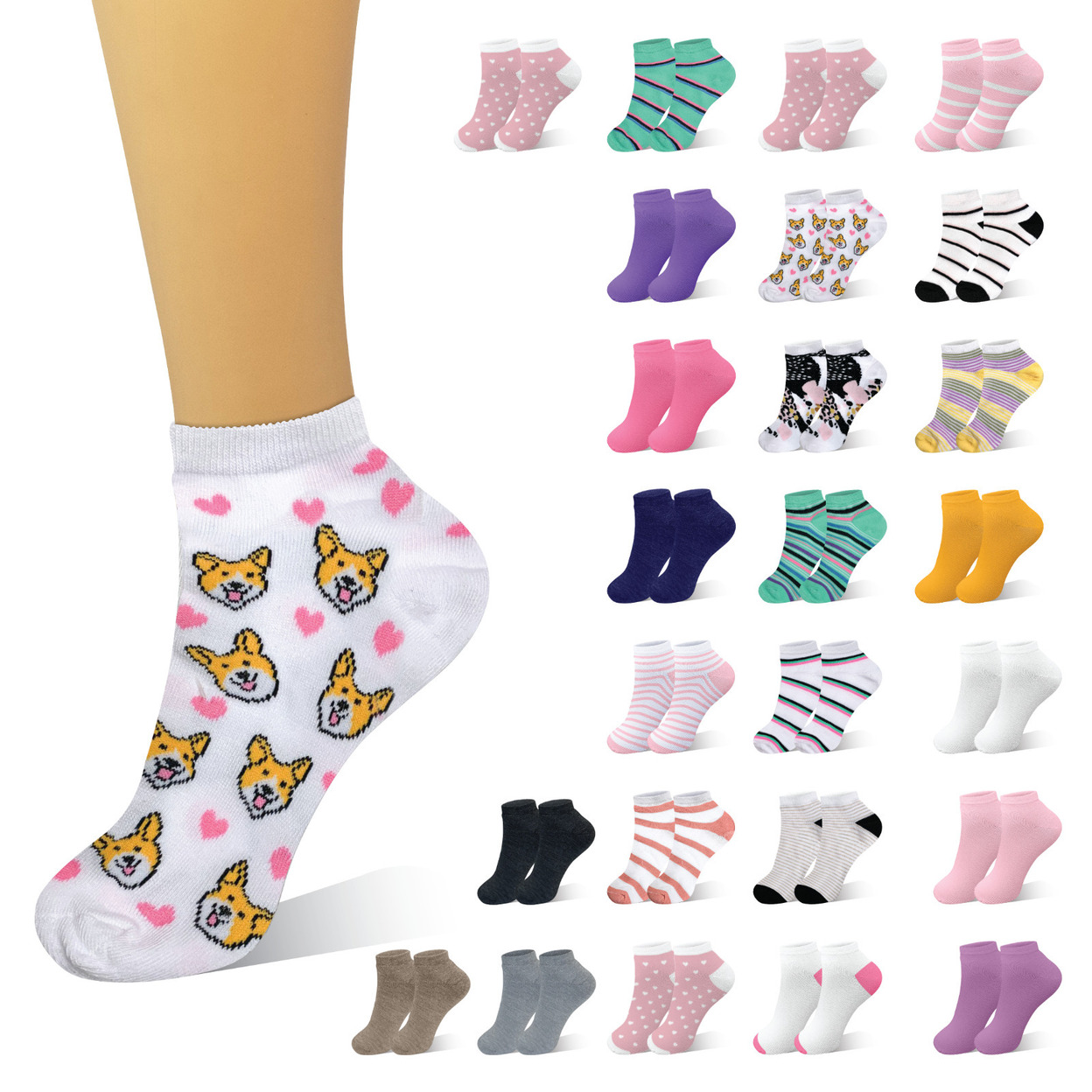 20-Pairs: Women’s Breathable Fun-Funky Colorful No Show Low Cut Ankle Socks