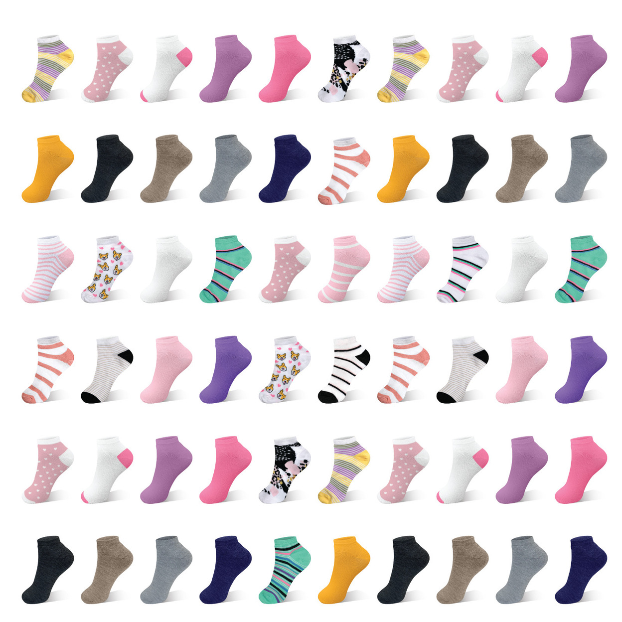 50-Pairs: Women’s Breathable Fun-Funky Colorful No Show Low Cut Ankle Socks
