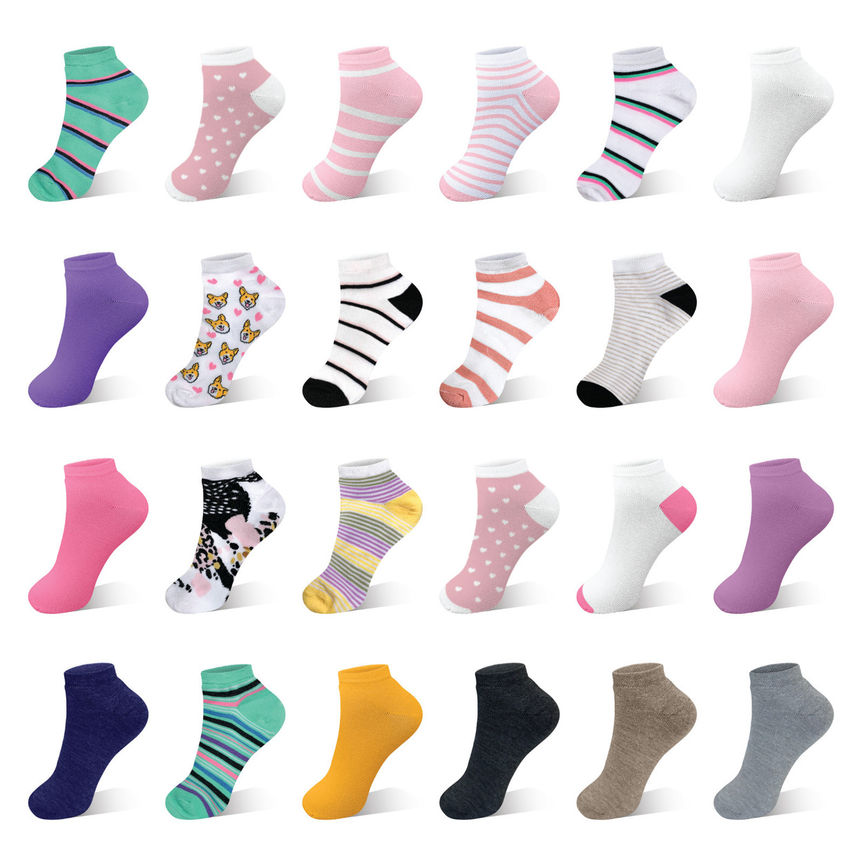 Multi-Pairs: Women’s Breathable Fun-Funky Colorful No Show Low Cut Ankle Socks - 20-pairs