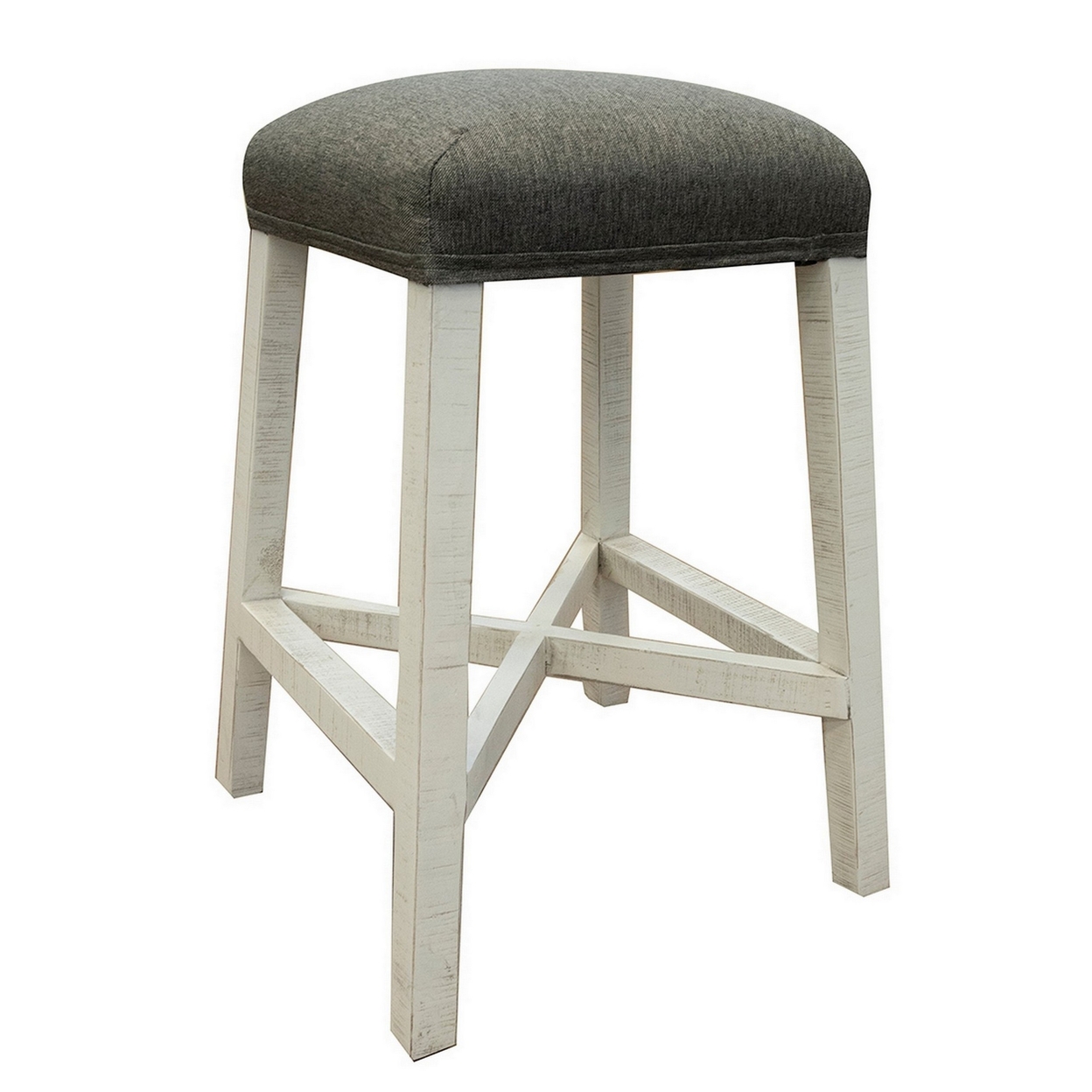 Suga 24 Inch Counter Height Stool With Fabric Seat, Solid Pine Wood, Ivory- Saltoro Sherpi