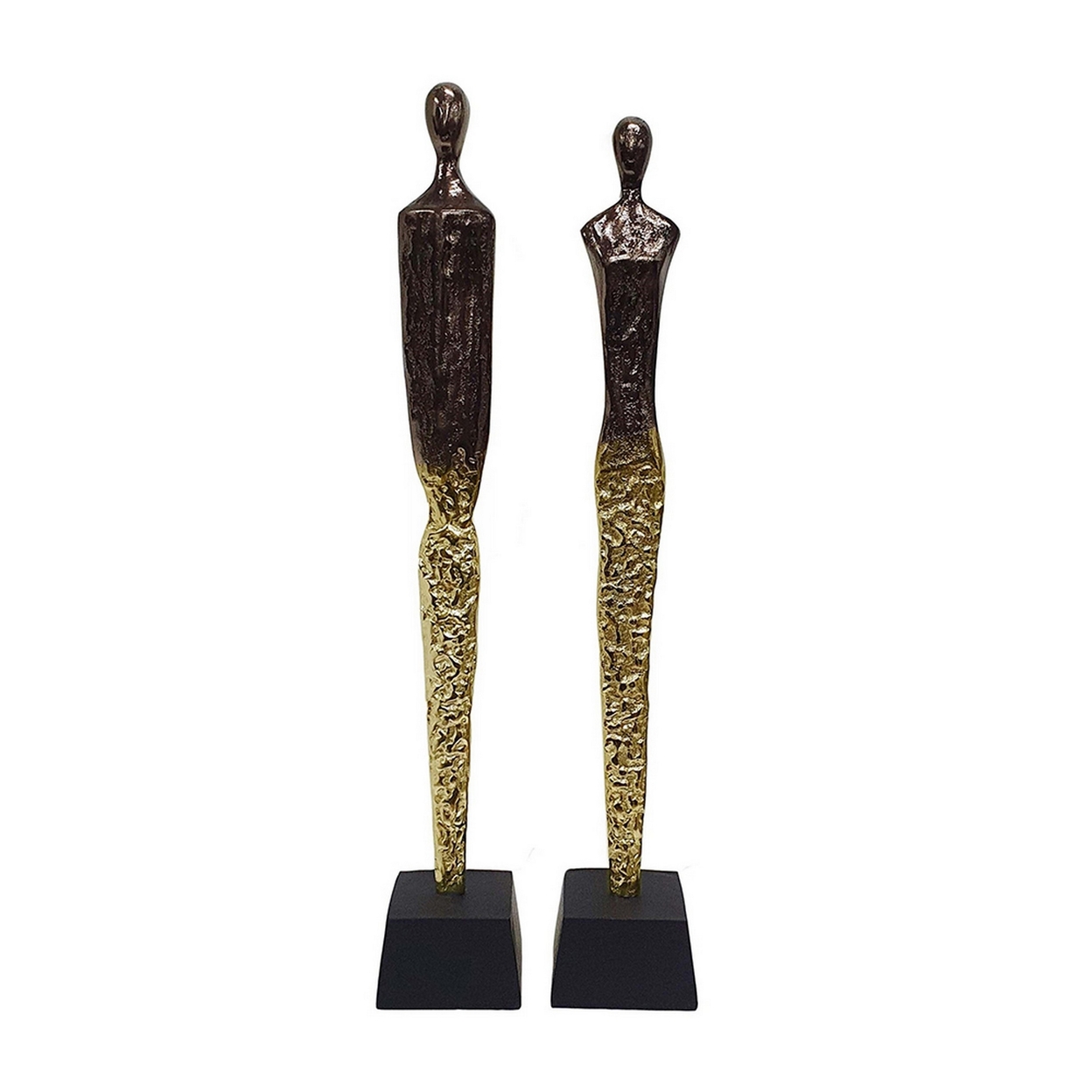 Set Of 2 Abstract Human Statuettes, Hammered Texture, Aluminum, Black Gold- Saltoro Sherpi