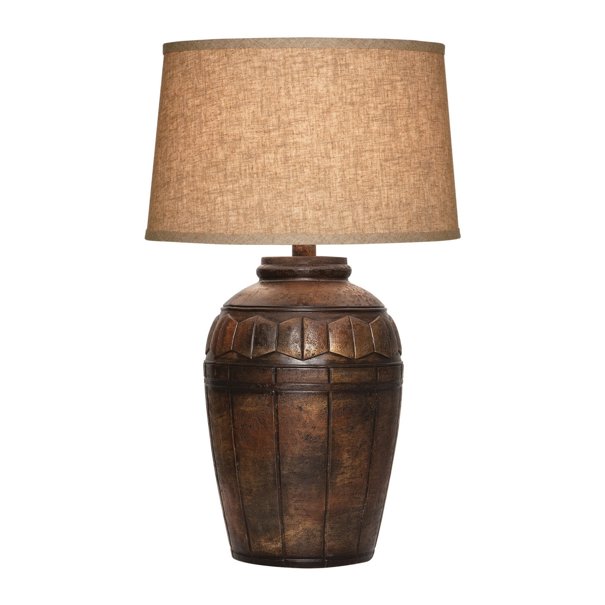 29 Inch Table Lamp, Fabric Drum Shade, Hexagonal Carvings, Dark Brown - Saltoro Sherpi