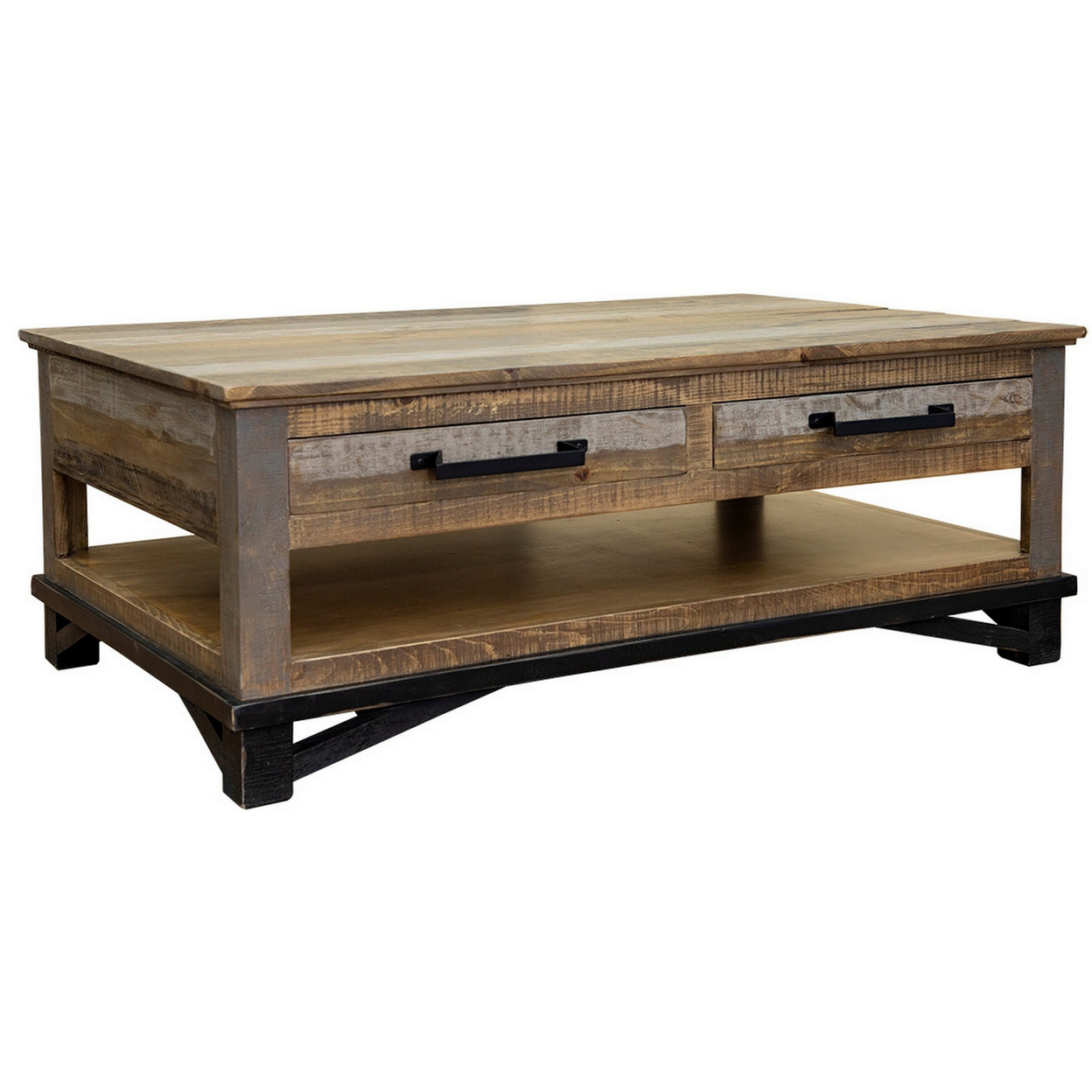 Peya 50 Inch 4 Drawer Coffee Table, Shelf, Distressed Gray, Brown Pine Wood- Saltoro Sherpi